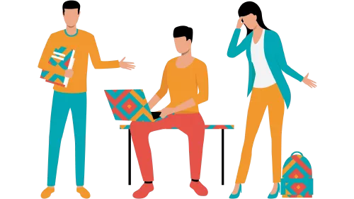 Imagen: Tres personajes animados de la Universidad de La Guajira, dos hombres y una mujer, colaboran frente a un portátil. Sus ropas reflejan los colores distintivos de la institución, creando un ambiente de trabajo y aprendizaje en equipo vibrante y comprometido.