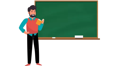 Imagen: Muñeco animado que representa a un profesor de la Universidad de La Guajira, sosteniendo un libro y junto a un tablero verde. Su atuendo refleja los colores distintivos de la institución, encarnando la dedicación académica y la enseñanza comprometida.