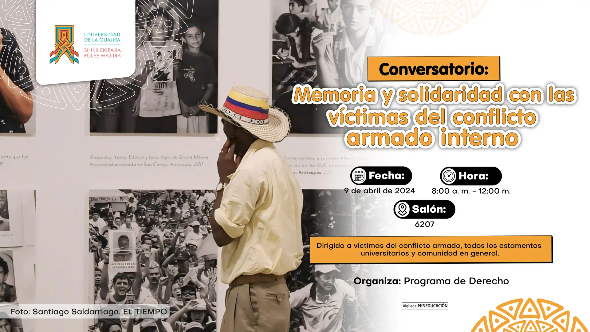 Hombre adulto con sombrero mirando retratos de personas víctimas del conflicto armado en Colombia
