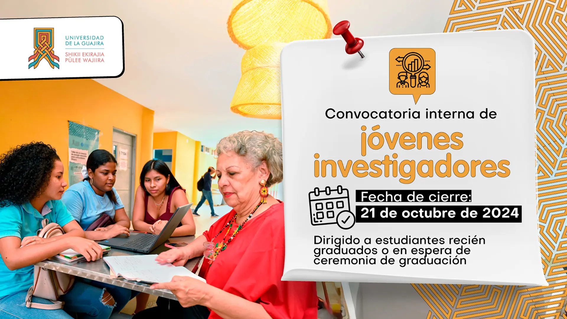 Si eres recién graduado de Uniguajira o sólo tienes pendiente tu ceremonia de grado, esta es la oportunidad de fortalecer tu trayectoria investigativa trabajando en nuestros grupos o unidades de investigación, con el acompañamiento de un tutor. Honorarios mensuales: Un Millón novecientos mil pesos ($1.900.000). Para consultar los requisitos y los pasos para postularte