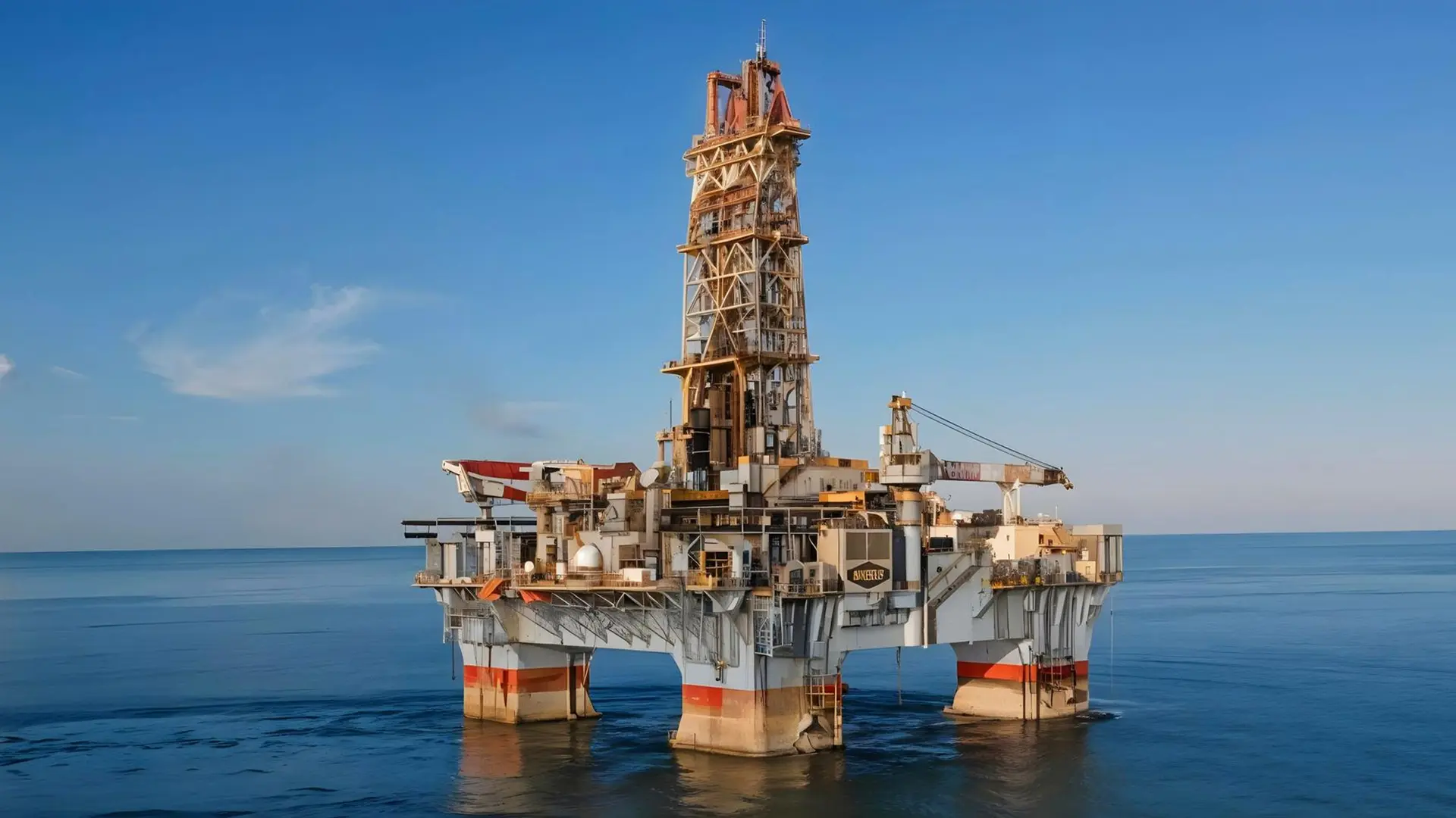 Plataforma petrolera en alta mar, flotando sobre aguas tranquilas bajo un cielo despejado, con estructura metálica prominente y equipos especializados visibles.