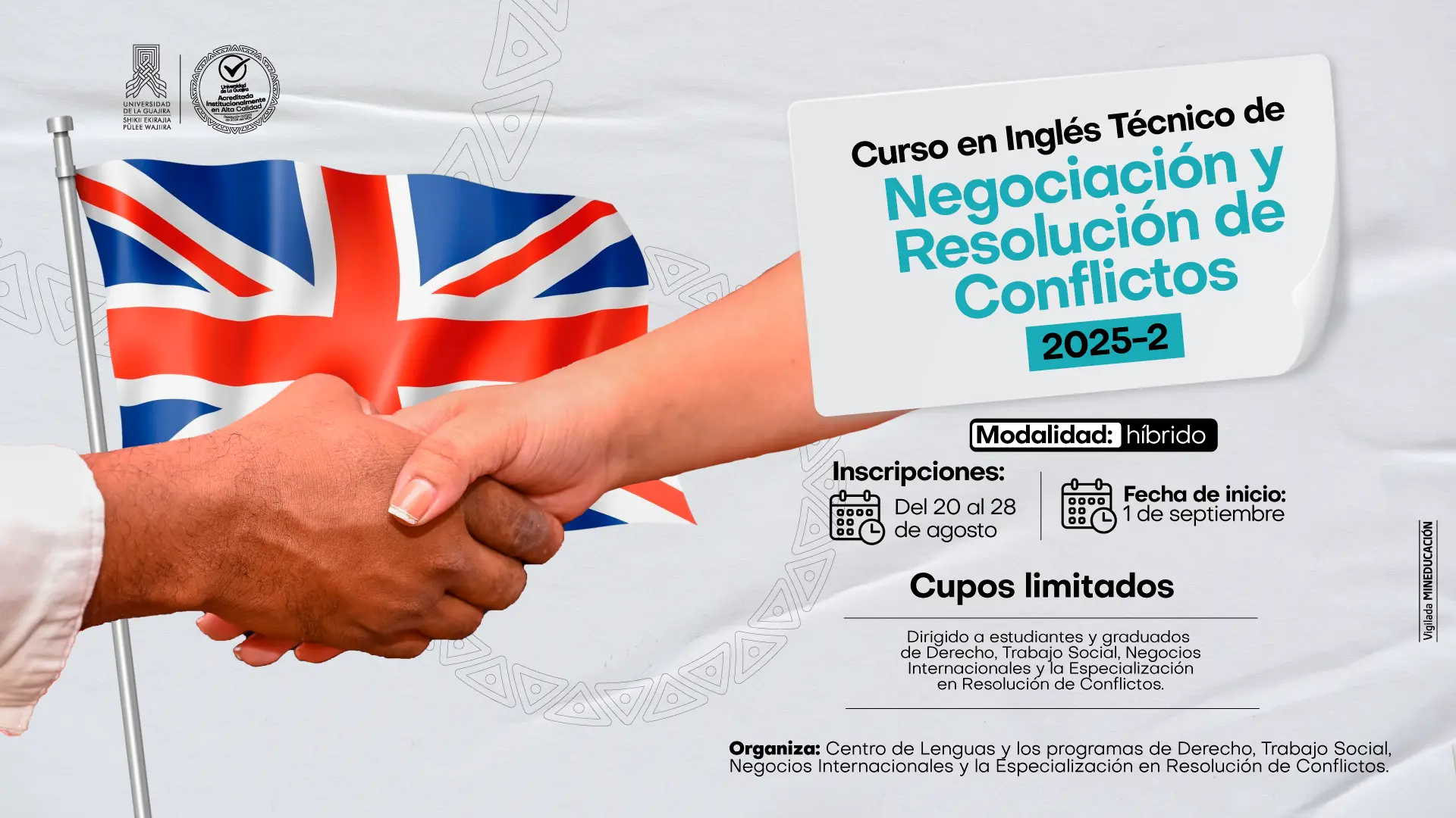 Banner del Curso en Inglés Técnico de Negociación y Resolución de Conflictos 2025-2. En el centro se observa un apretón de manos sobre y en el fondo de una bandera del Reino Unido.