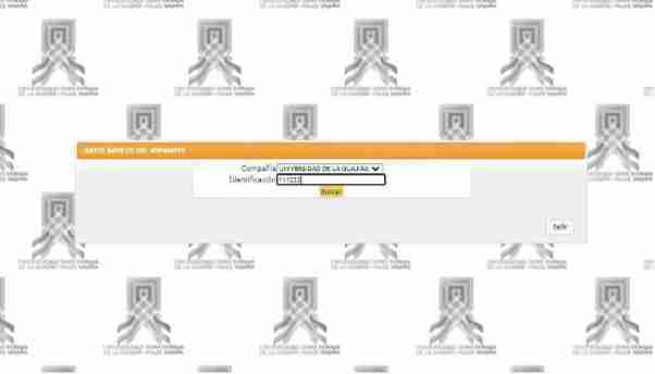 Pantallazo de la plataforma de Uniguajira que muestra un formulario para ingresar datos básicos del aspirante, con campos de compañía, identificación y un botón de búsqueda.