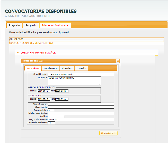 Pantallazo de la plataforma de convocatorias que muestra la información general de un curso del Wayuunaiki–Español.