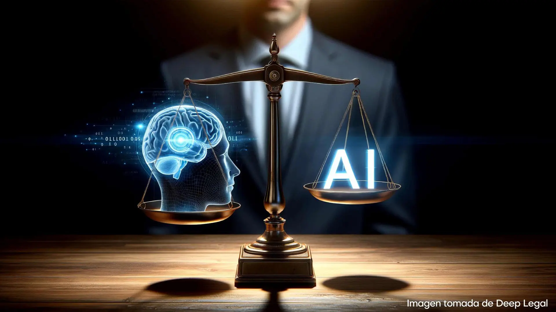 Imagen conceptual que muestra una balanza de justicia en cuyo platillo izquierdo hay una representación digital de un cerebro humano con elementos tecnológicos, y en el platillo derecho las letras luminosas 'AI', simbolizando el equilibrio entre la inteligencia humana y la inteligencia artificial. Al fondo, una figura masculina desenfocada con traje.