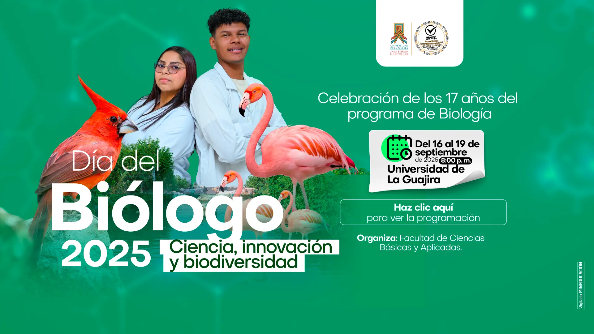Afiche promocional del Día del Biólogo 2025 con el lema “Ciencia, innovación y biodiversidad”. En el diseño aparece un cardenal rojo y varios flamencos rosados alrededor de dos jóvenes con batas de laboratorio. En la parte superior derecha se lee Celebración de los 17 años del programa de Biología. Se anuncia que el evento se llevará a cabo del 16 al 19 de septiembre de 2025 a las 8:00 p.m. en la Universidad de La Guajira. En la parte inferior se incluye un botón con la frase “Haz clic aquí para ver la programación” y la nota organizadora: Organiza: Facultad de Ciencias Básicas y Aplicadas