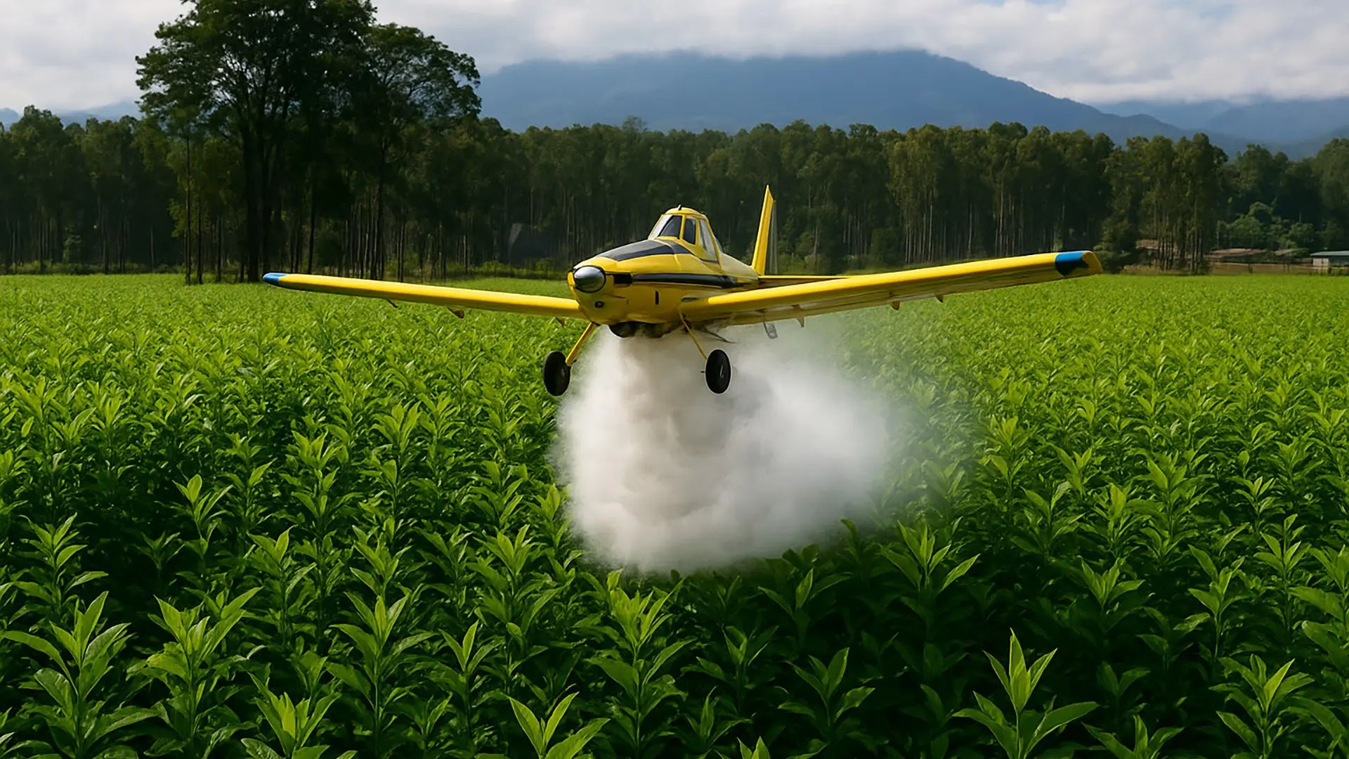 Avión amarillo de fumigación agricola sobrevuela un campo verde,liberando pesticida o fertilizante en medio de cultivos, con montañas y arboles al fondo