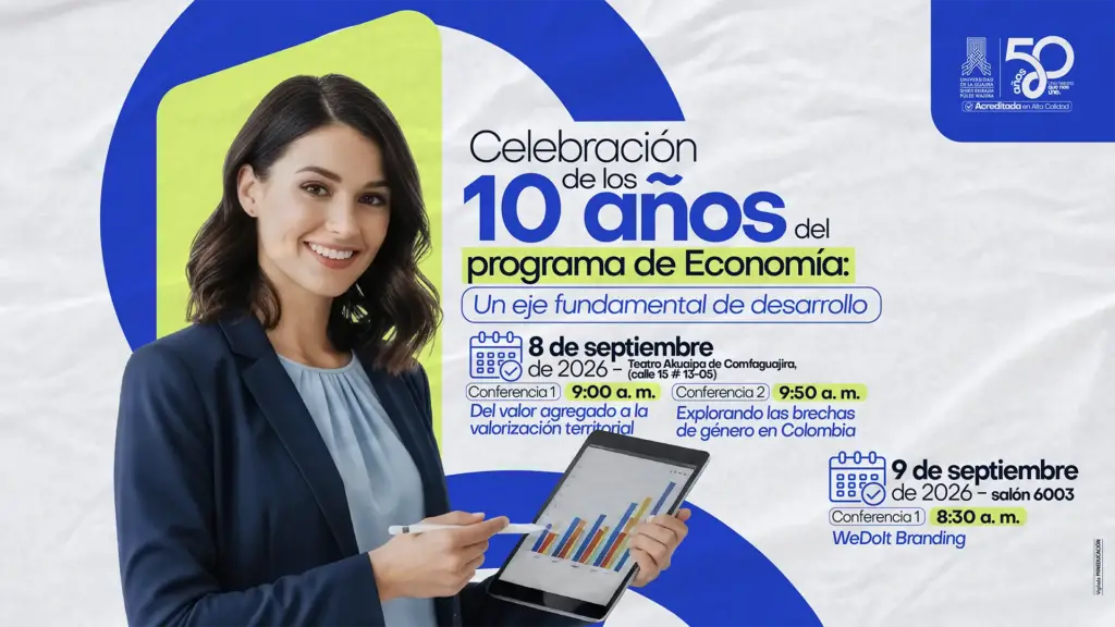 Afiche promocional de la celebración de los 10 años del programa de Economía en la Universidad de La Guajira, a realizarse el 8 y 9 de septiembre de 2026.