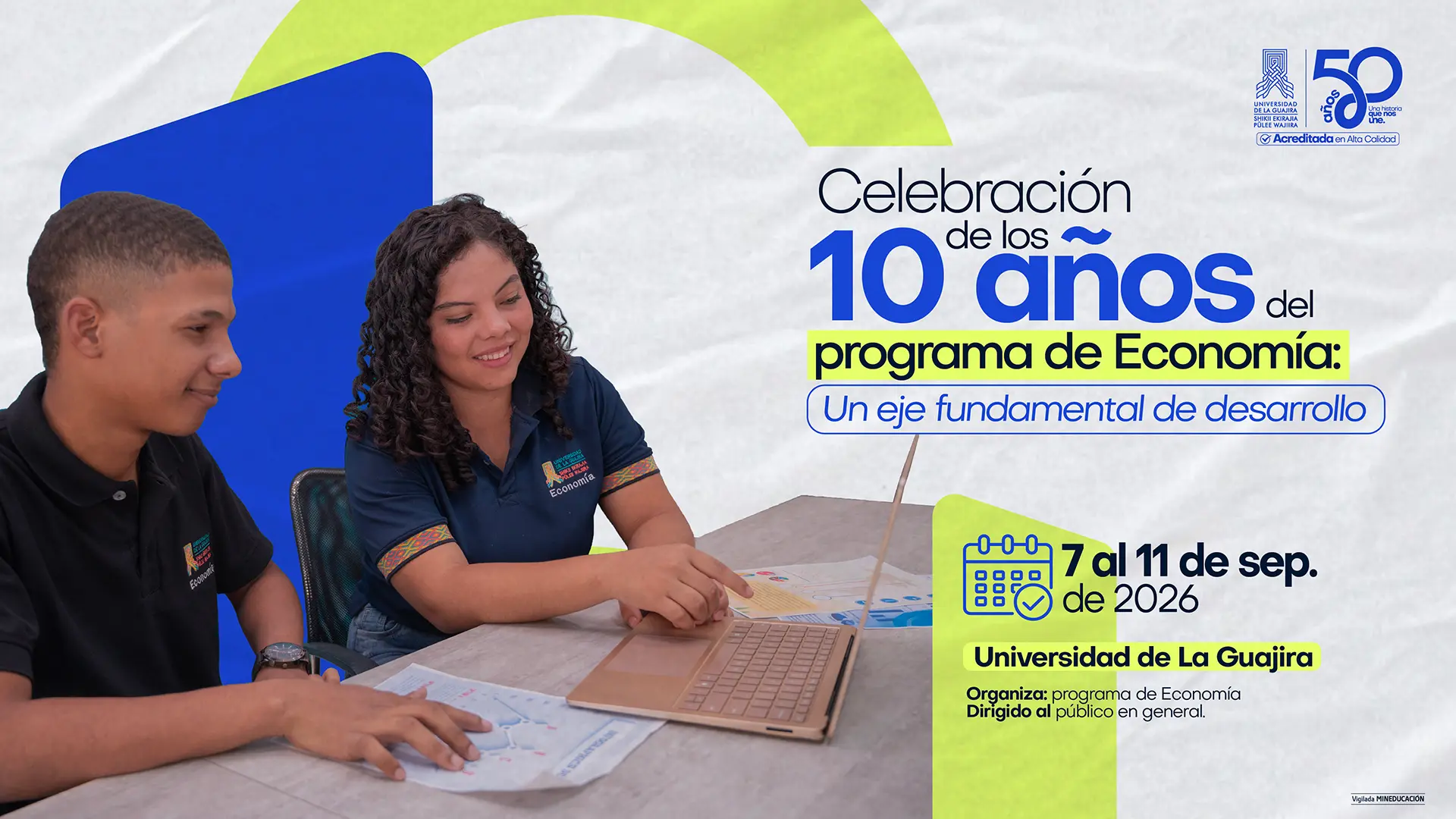 Afiche promocional de la «Celebración de los 20 años del programa de Economía: Dos décadas de desarrollo y sostenibilidad» de la Universidad de La Guajira.