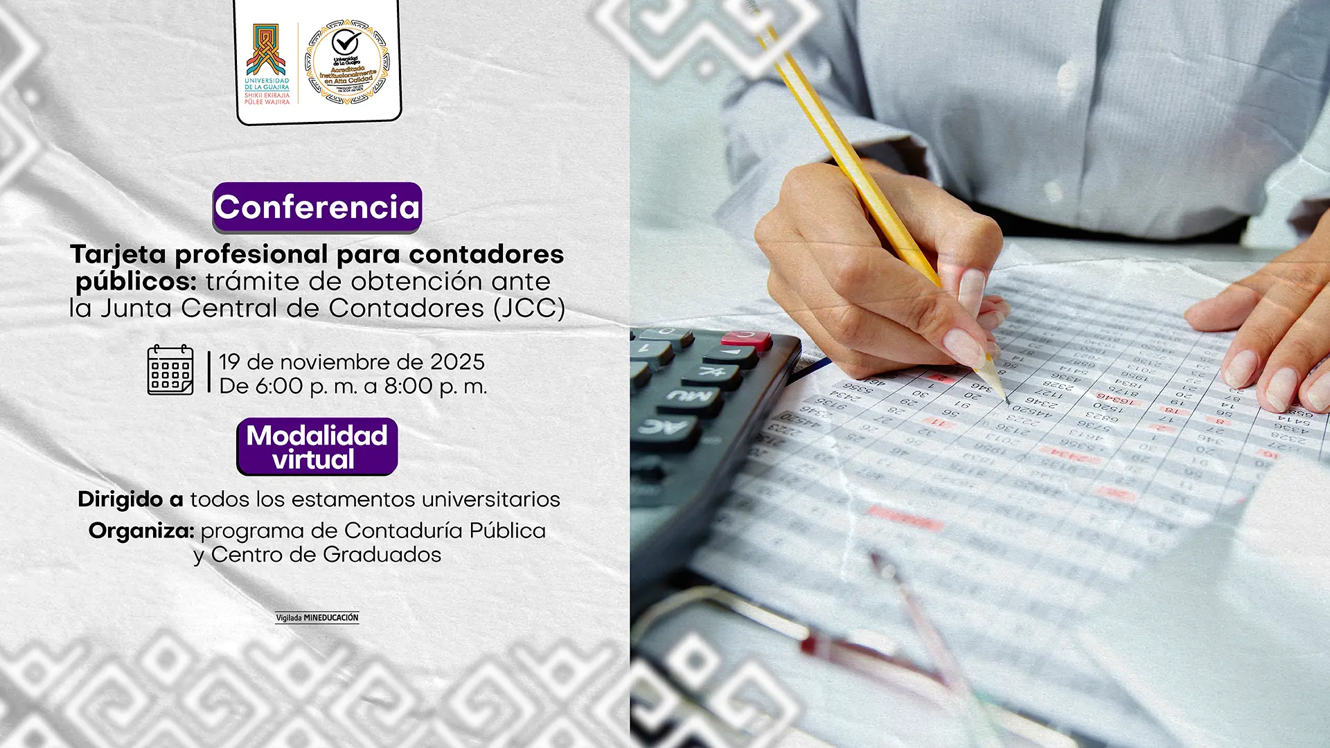 Invitación a conferencia virtual sobre trámite de la tarjeta profesional para contadores, con fecha y hora, junto a imagen de una persona revisando cifras con calculadora