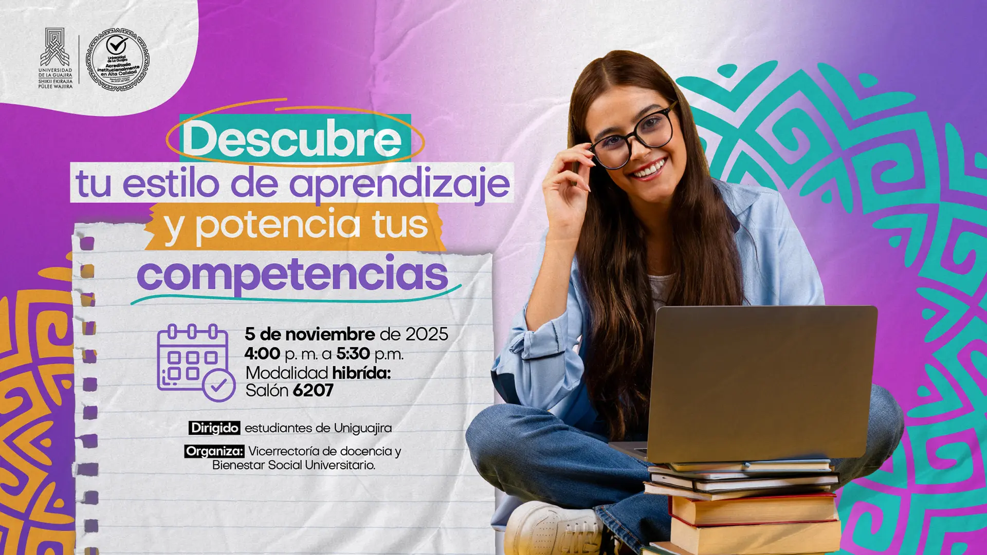Afiche informativo del evento “Descubre tu estilo de aprendizaje y potencia tus competencias”. A la derecha aparece una mujer joven mirando un computador. El diseño usa tonos azul, amarillo y morado.