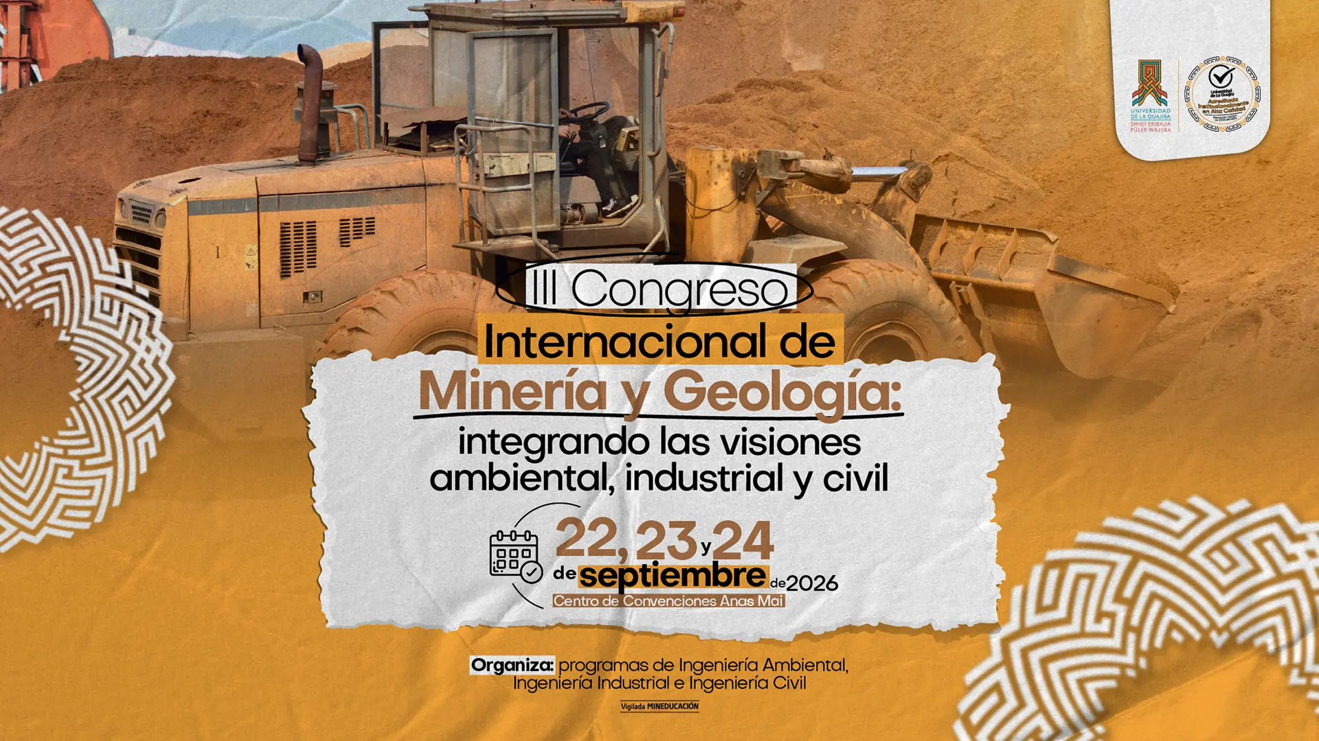 Afiche promocional del III Congreso Internacional de Minería y Geología, con una máquina excavadora sobre un terreno arenoso y la información del evento destacada al centro.