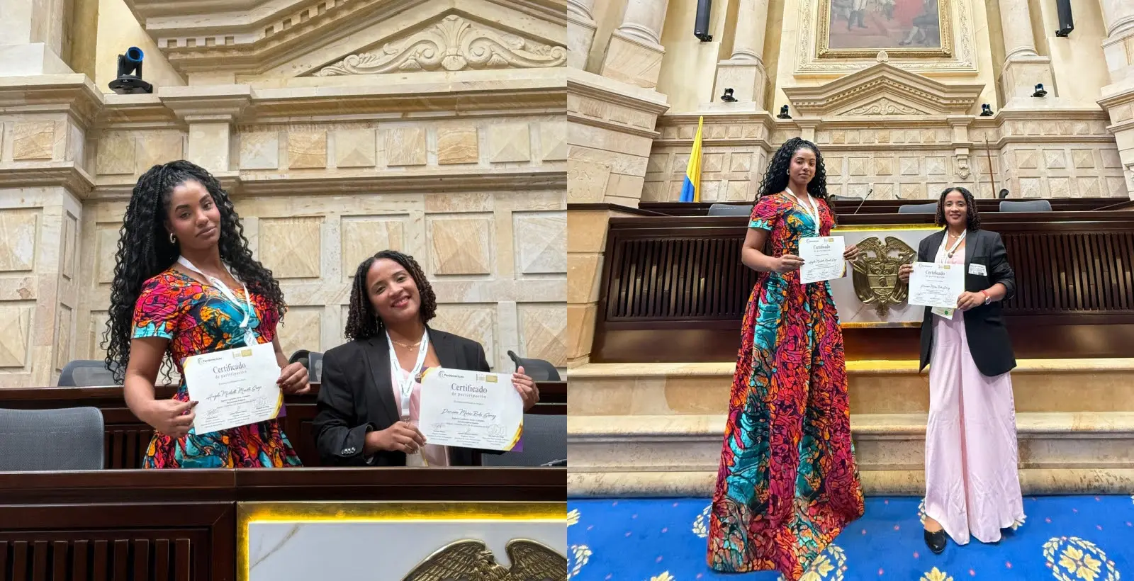 Dos mujeres muestran certificados frente al estrado principal de un recinto legislativo decorado con obras y columnas.
