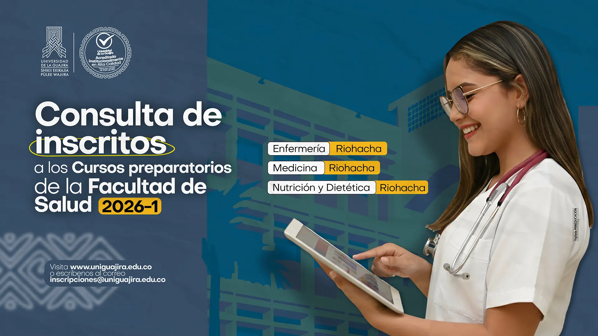 Póster informativo de la Universidad de La Guajira (Uniguajira) anunciando la "Consulta de inscritos a los Cursos preparatorios de la Facultad de Salud 2026-1".