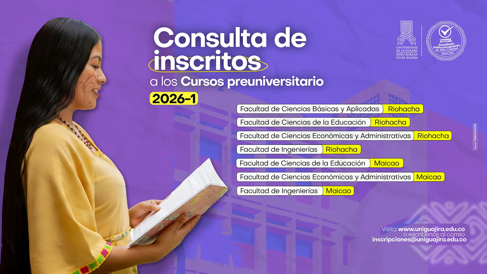 Póster informativo de la Universidad de La Guajira (Uniguajira) anunciando la "Consulta de inscritos a los Cursos preuniversitario 2026-1".
