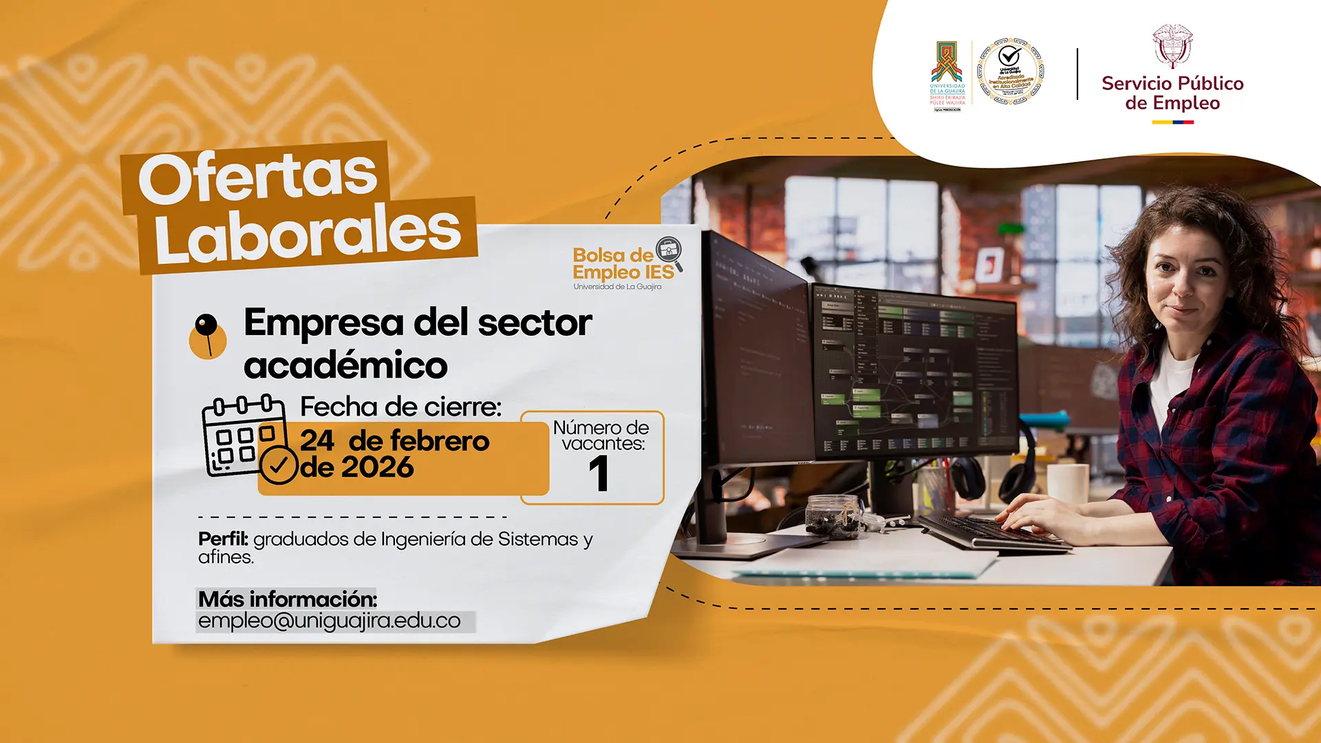 Banner de oferta laboral de la Bolsa de Empleo Uniguajira para profesional en desarrollo de software, con fecha de cierre 24 de febrero de 2026, dirigida a graduados de Ingeniería de Sistemas y áreas afines.