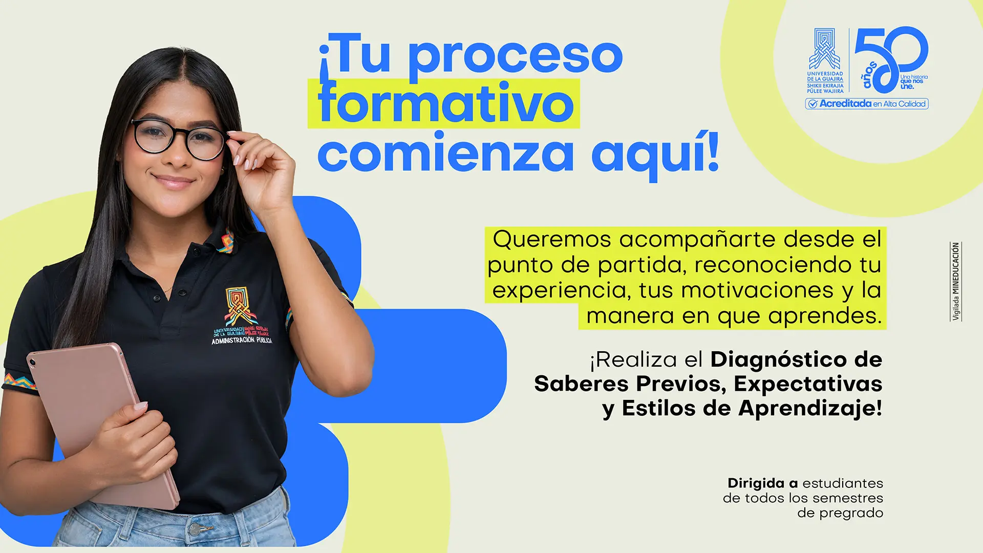 Pieza gráfica del Taller de Nociones Básicas en wayuunaiki 2026-1 con fondo en tonos turquesa y logotipo institucional. Indica inscripciones del 2 al 5 de marzo e inicio del taller el 11 de marzo, con cupos limitados. Específica horario: lunes de 4:30 a 6:30 p. m. (virtual) y jueves de 4:30 a 6:30 p. m. (presencial). En la imagen aparecen tres jóvenes sonriendo mientras leen un libro, dirigido a comunidad universitaria y externa, organizado por el Centro de Lenguas.