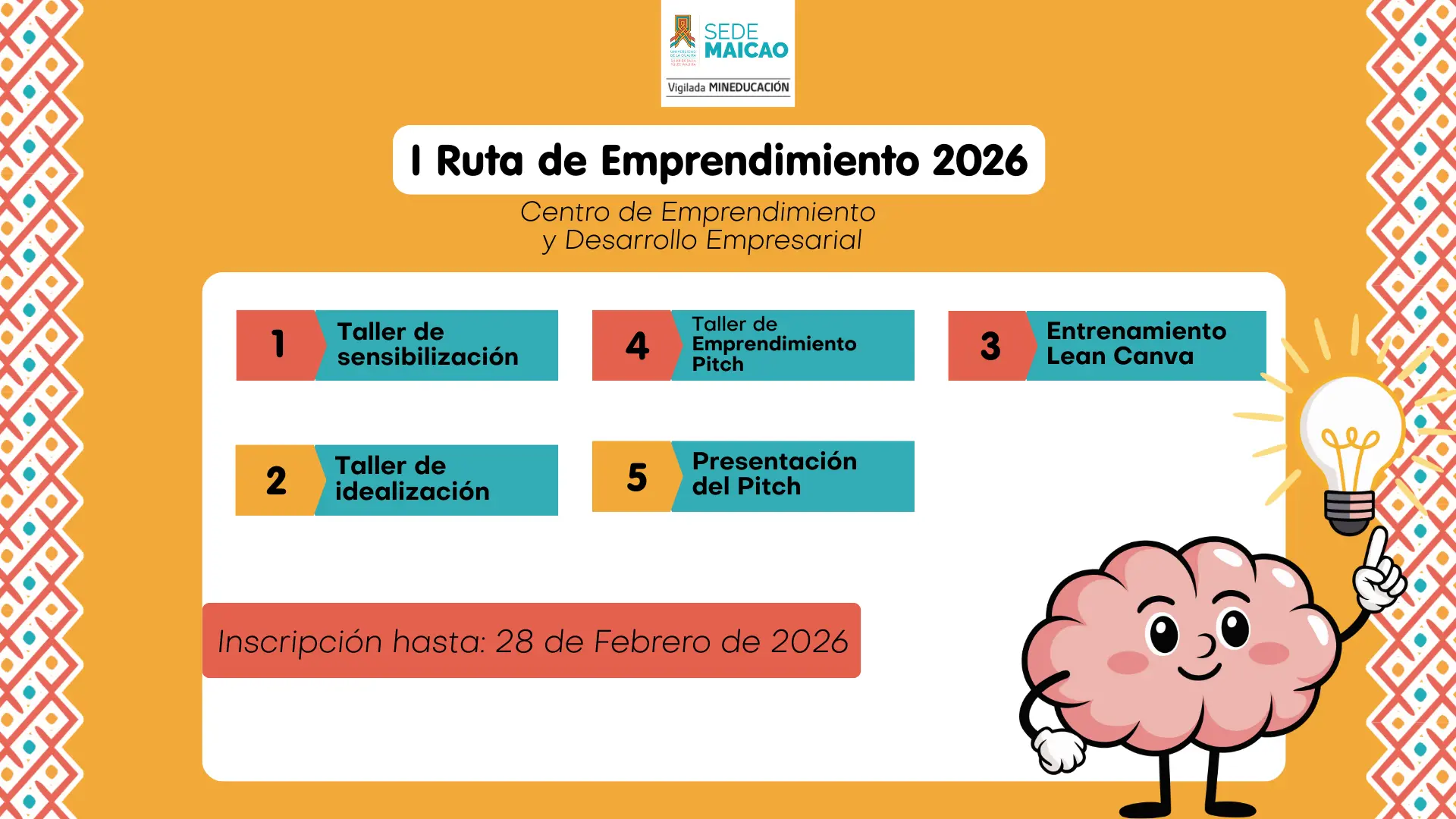 Pieza gráfica institucional de la Universidad de La Guajira, Sede Maicao, sobre la I Ruta de Emprendimiento 2026, organizada por el Centro de Emprendimiento y Desarrollo Empresarial. La imagen presenta fondo en tonos amarillo y blanco con patrones geométricos laterales. En el centro se lee el título “I Ruta de Emprendimiento 2026” y debajo el nombre del Centro organizador. Se detallan cinco etapas: Taller de sensibilización, Taller de idealización, Entrenamiento Lean Canvas, Taller de Emprendimiento Pitch y Presentación del Pitch. Indica que las inscripciones están abiertas hasta el 28 de febrero de 2026. En la parte inferior aparece una ilustración de un cerebro animado señalando una bombilla encendida, representando la creatividad y la innovación. Incluye el logo institucional de la Sede Maicao y la leyenda “Vigilada MINEDUCACIÓN”.