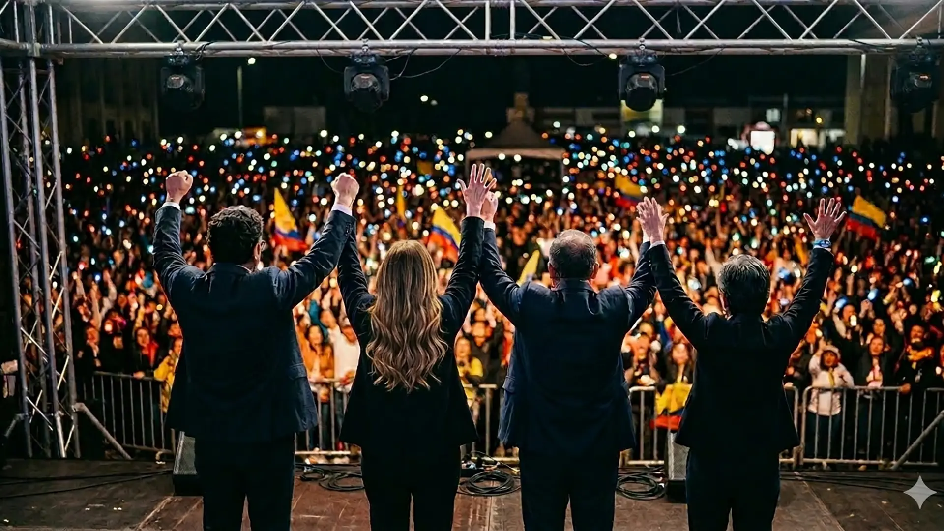 Personas en un escenario, vistas de espaldas, levantan los brazos frente a una multitud numerosa durante un evento nocturno; el público sostiene luces y banderas de Colombia, creando un ambiente de celebración y apoyo.