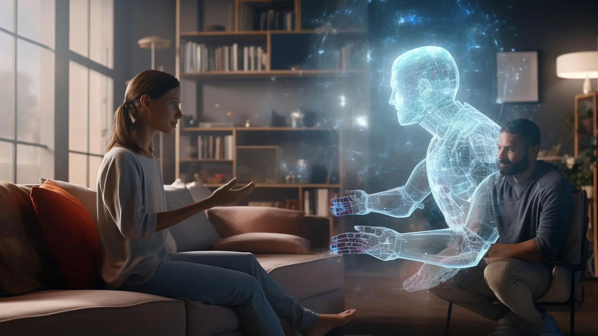 Una mujer sentada en un sofá conversa con una figura humanoide holográfica que representa una inteligencia artificial. Frente a ella, un hombre observa la interacción. La escena ocurre en una sala de estar con estanterías y luz cálida, mostrando una interacción entre personas y tecnología avanzada.