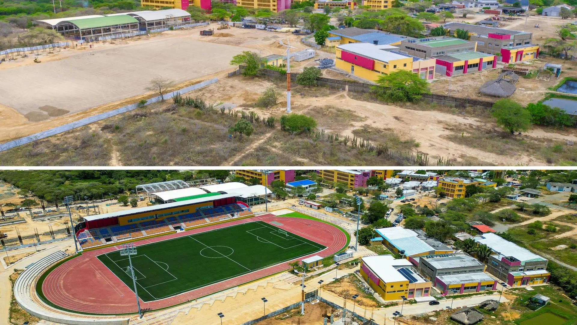Vista aérea comparativa de espacios de infraestructura: zona en desarrollo y complejo deportivo con cancha, pista y edificaciones aledañas.