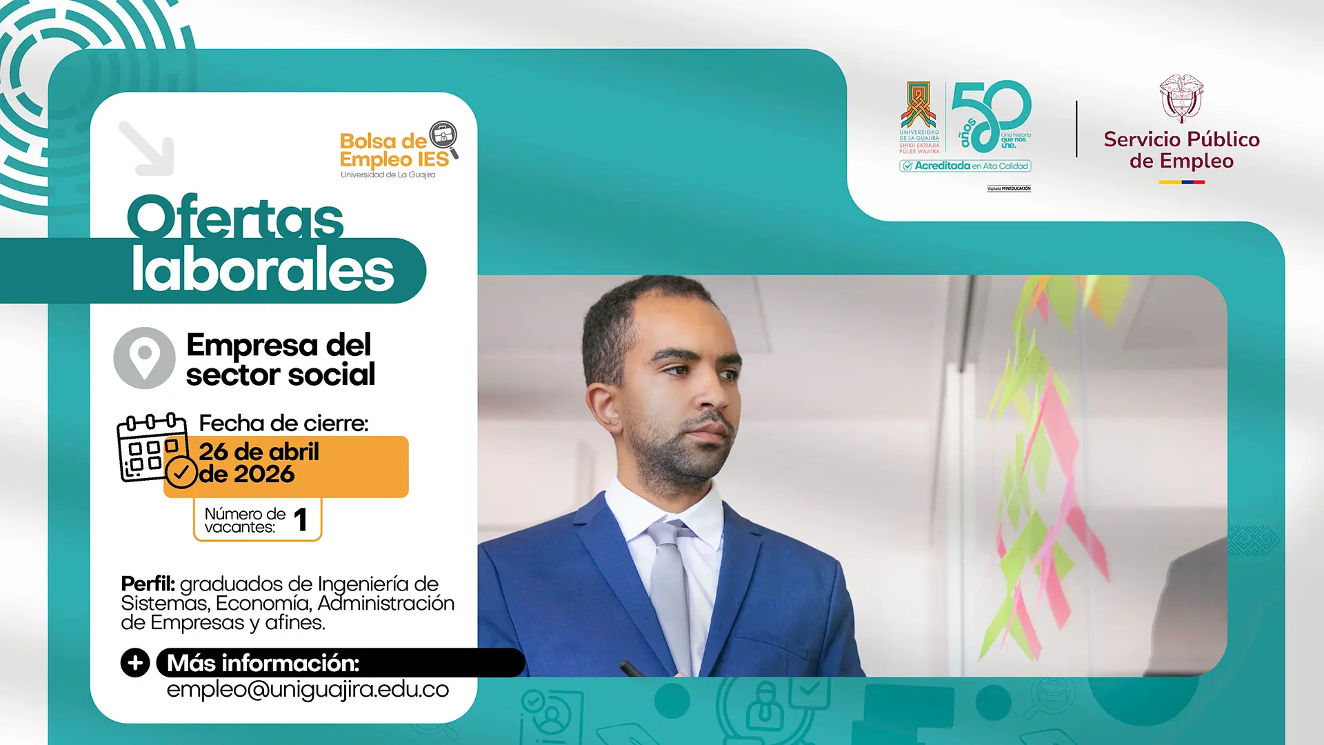 Imagen promocional de oferta laboral de la Universidad de La Guajira que presenta una vacante para Coordinador de Gestión del Conocimiento, con información sobre requisitos, fecha de cierre y datos de contacto, acompañada de la imagen de un profesional en entorno de oficina.