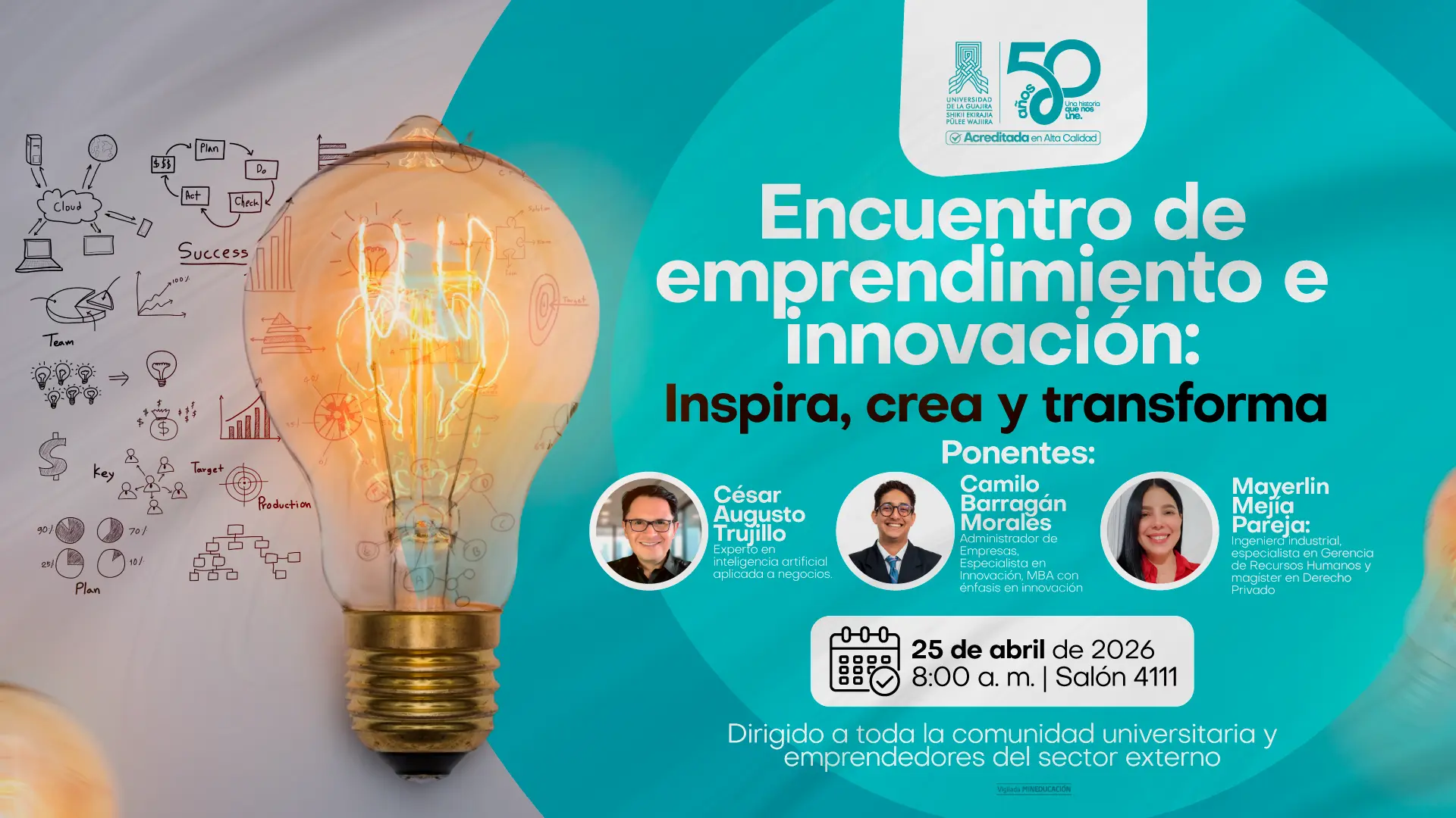 Afiche promocional del “Encuentro de emprendimiento e innovación: Inspira, crea y transforma” de la Universidad de La Guajira. A la izquierda, una bombilla encendida simboliza ideas, sobre un fondo con dibujos de gráficos, estrategias y conceptos de negocio. A la derecha, fondo en tonos turquesa con el título del evento y los ponentes: César Augusto Trujillo, Camilo Barragán Morales y Mayerlin Mejía Pareja, junto a sus fotografías. En la parte inferior se indica la fecha (25 de abril de 2026), hora (8:00 a. m.) y lugar (Salón 4111). Incluye el mensaje de invitación dirigido a la comunidad universitaria y emprendedores externos, y el logo institucional conmemorativo de los 50 años.