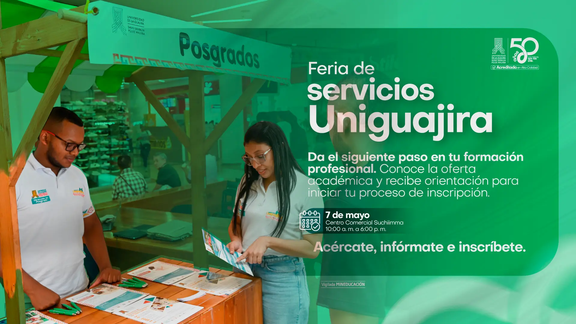 Pieza promocional de la Feria de Servicios Uniguajira, donde diferentes dependencias de la Universidad de La Guajira presentan su oferta académica, servicios institucionales, posgrados, beneficios y oportunidades de formación para la comunidad.