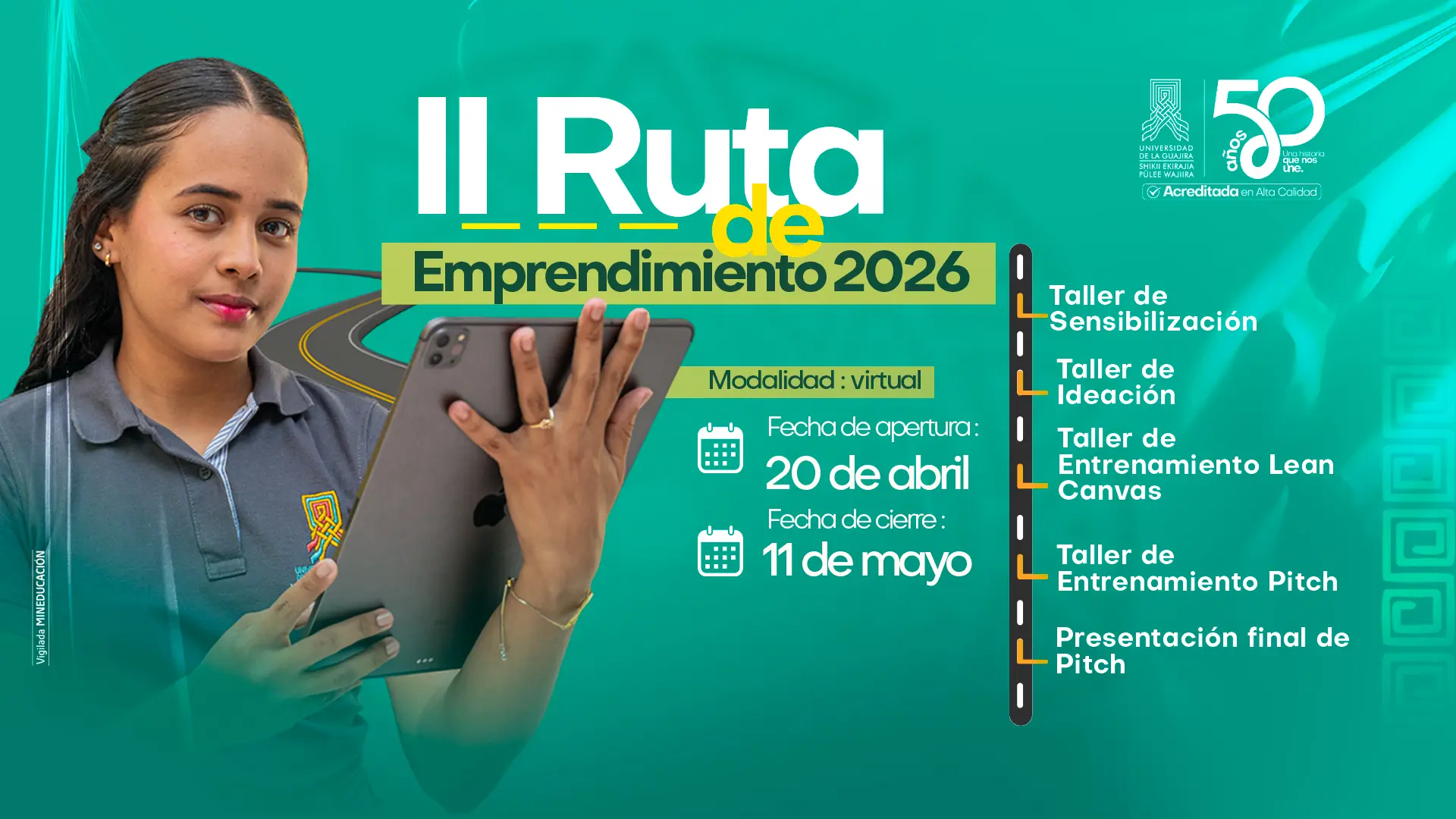 Afiche promocional de la “II Ruta de Emprendimiento 2026” de la Universidad de La Guajira. A la izquierda, una joven estudiante con uniforme institucional sostiene una tableta y mira a la cámara. El fondo es verde con una ilustración de carretera. En el centro se destaca el título del evento. A la derecha se indica que la modalidad es virtual, con fecha de apertura el 20 de abril y cierre el 11 de mayo. También se listan las actividades: taller de sensibilización, taller de ideación, entrenamiento Lean Canvas, entrenamiento Pitch y presentación final de pitch. En la parte superior derecha aparecen los logos institucionales y la conmemoración de los 50 años.