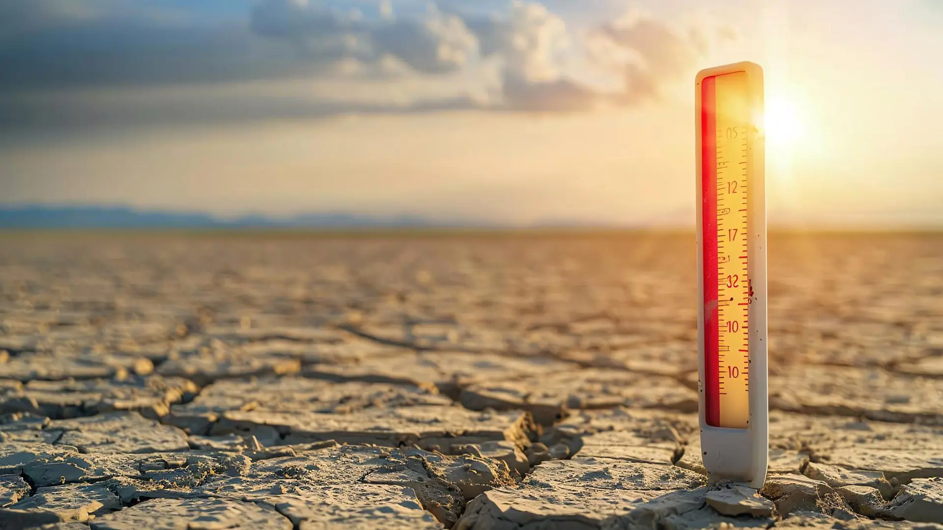 Un termómetro digital o conceptual de gran tamaño se alza sobre un suelo de tierra agrietada y árida por la sequía. Al fondo, un paisaje desértico se extiende bajo un cielo iluminado por un sol intenso y brillante, sugiriendo un escenario de calor extremo o calentamiento global.