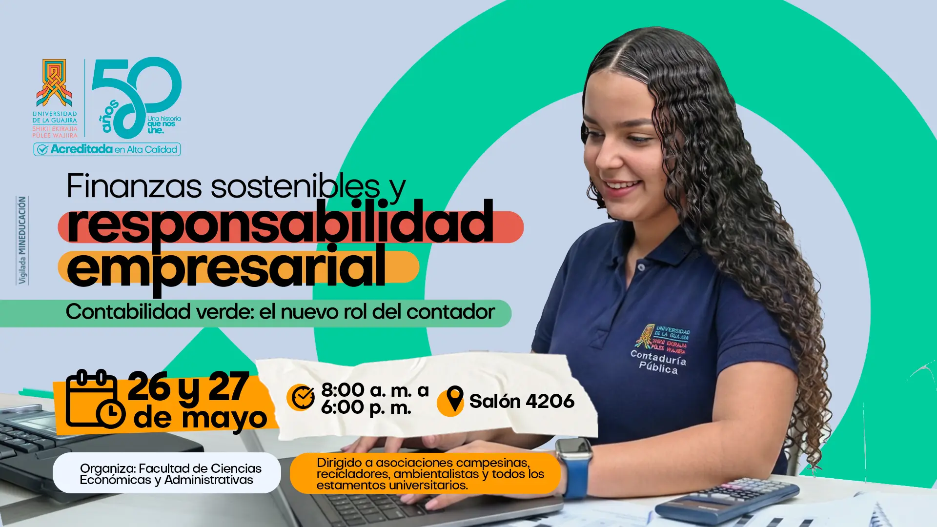 Banner promocional de la Universidad de La Guajira sobre finanzas sostenibles y responsabilidad empresarial. Aparece una estudiante de Contaduría Pública usando un computador portátil, junto a información del evento sobre contabilidad verde, fechas, horario y lugar.