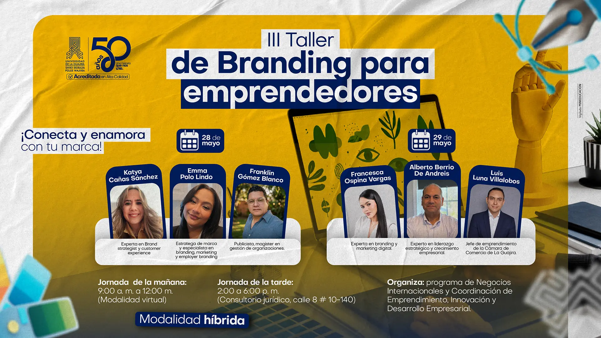 Banner promocional de la Universidad de La Guajira sobre el III Taller de Branding para Emprendedores. La imagen presenta a los conferencistas invitados, fechas, horarios y modalidad híbrida del evento, enfocado en estrategias de marca, marketing y crecimiento empresarial.