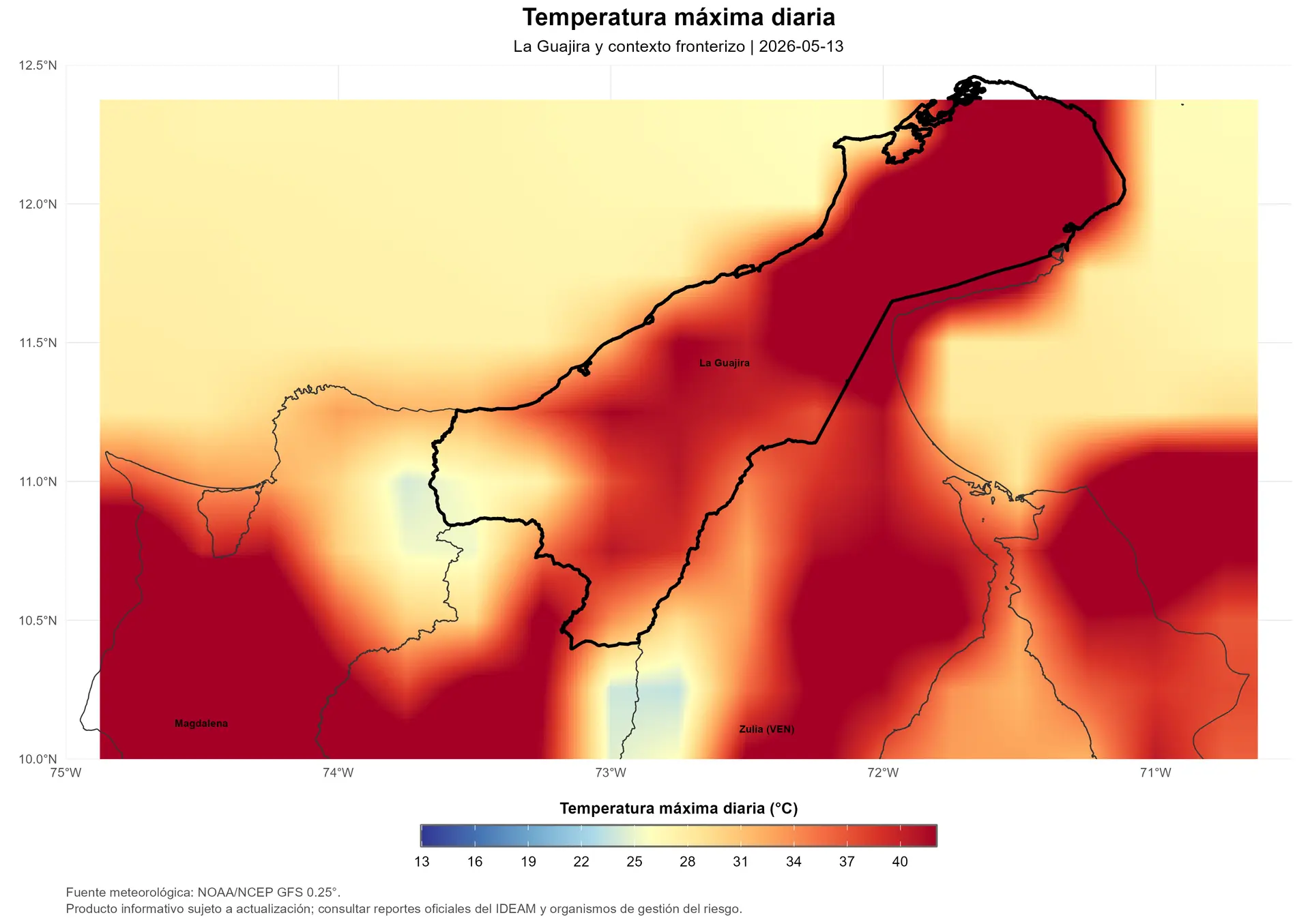 Un mapa meteorológico del departamento de La Guajira y su contexto fronterizo muestra las temperaturas máximas diarias del 13 de mayo de 2026. La escala de colores indica un predominio de tonos rojo oscuro y ocre, señalando temperaturas críticas que oscilan entre los 34°C y los 40°C en la mayor parte de la región.