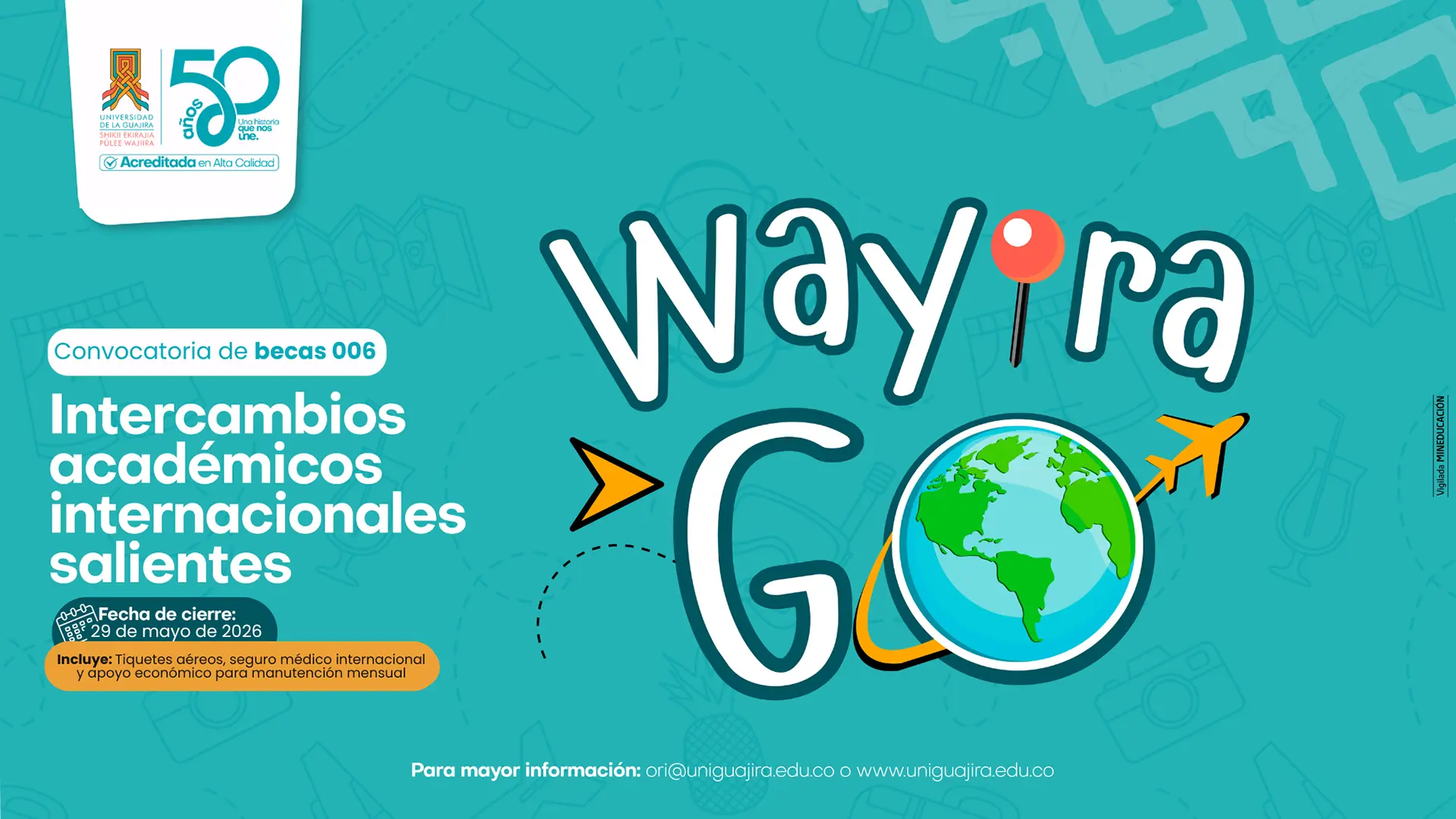 Pieza gráfica de la Universidad de La Guajira para la convocatoria de becas 006 de intercambios académicos internacionales salientes. El diseño tiene fondo turquesa con ilustraciones de viaje. En el centro destaca el texto “Wayira Go” junto a un planeta Tierra y un avión. Con fecha de cierre para postulaciones hasta el 29 de mayo del 2026. Adicionalmente menciona los beneficios que incluye como tiquetes aéreos, seguro médico internacional y apoyo económico mensual.