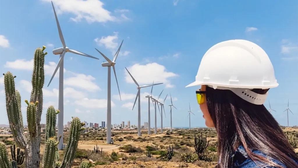 Una ingeniera con casco blanco y gafas de seguridad observa un extenso parque eólico en un paisaje árido con cactus. Al fondo, se aprecia el perfil de una ciudad costera bajo un cielo azul despejado. La imagen destaca la convergencia entre la tecnología de energía renovable y el entorno natural desértico.