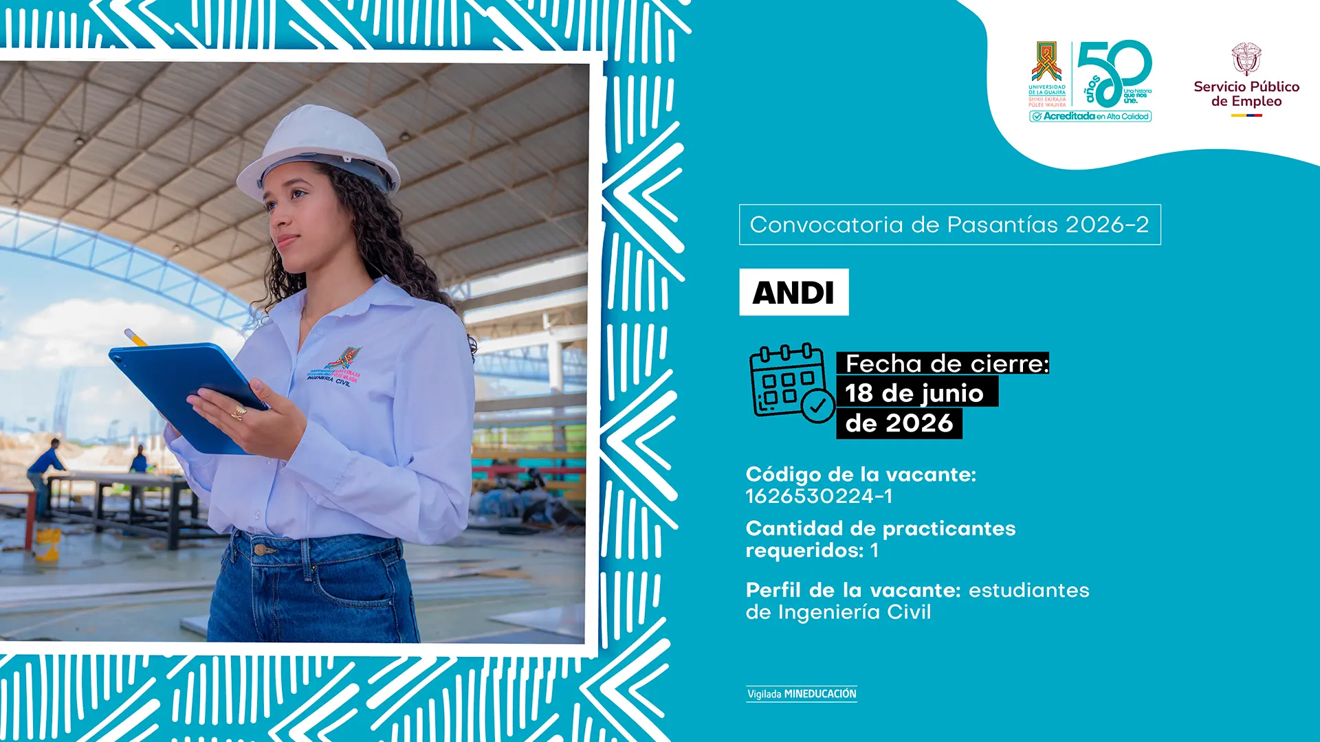 Flyer de la Universidad de La Guajira que convoca a pasantías académicas. La fecha de cierre es el 18 de junio de 2026.