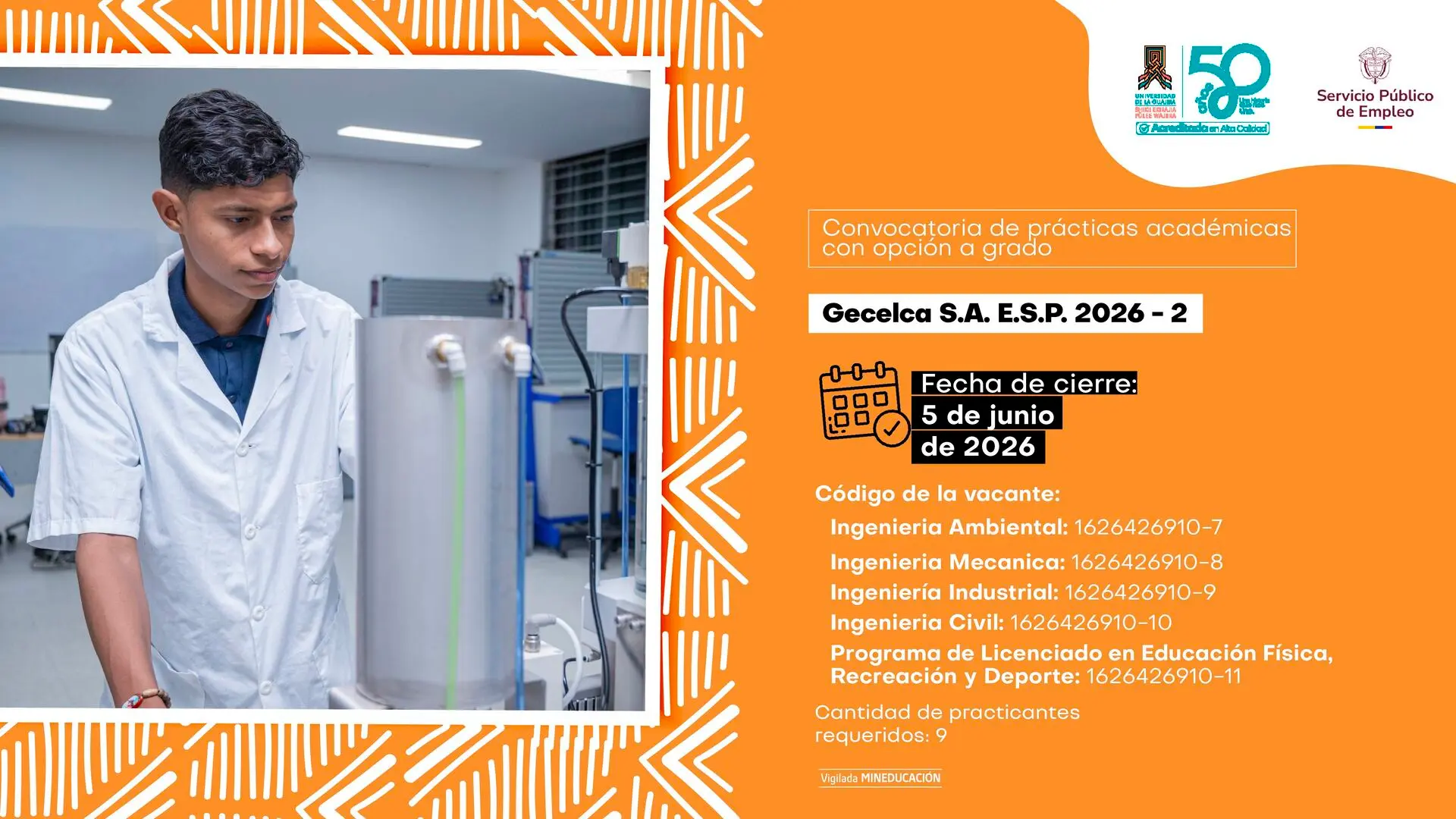 Flyer en tono naranja de la Universidad de La Guajira que convoca a prácticas académicas con opción a grado en Gecelca S.A. E.S.P. La fecha de cierre es el 5 de junio de 2026 y se requieren 9 practicantes en total