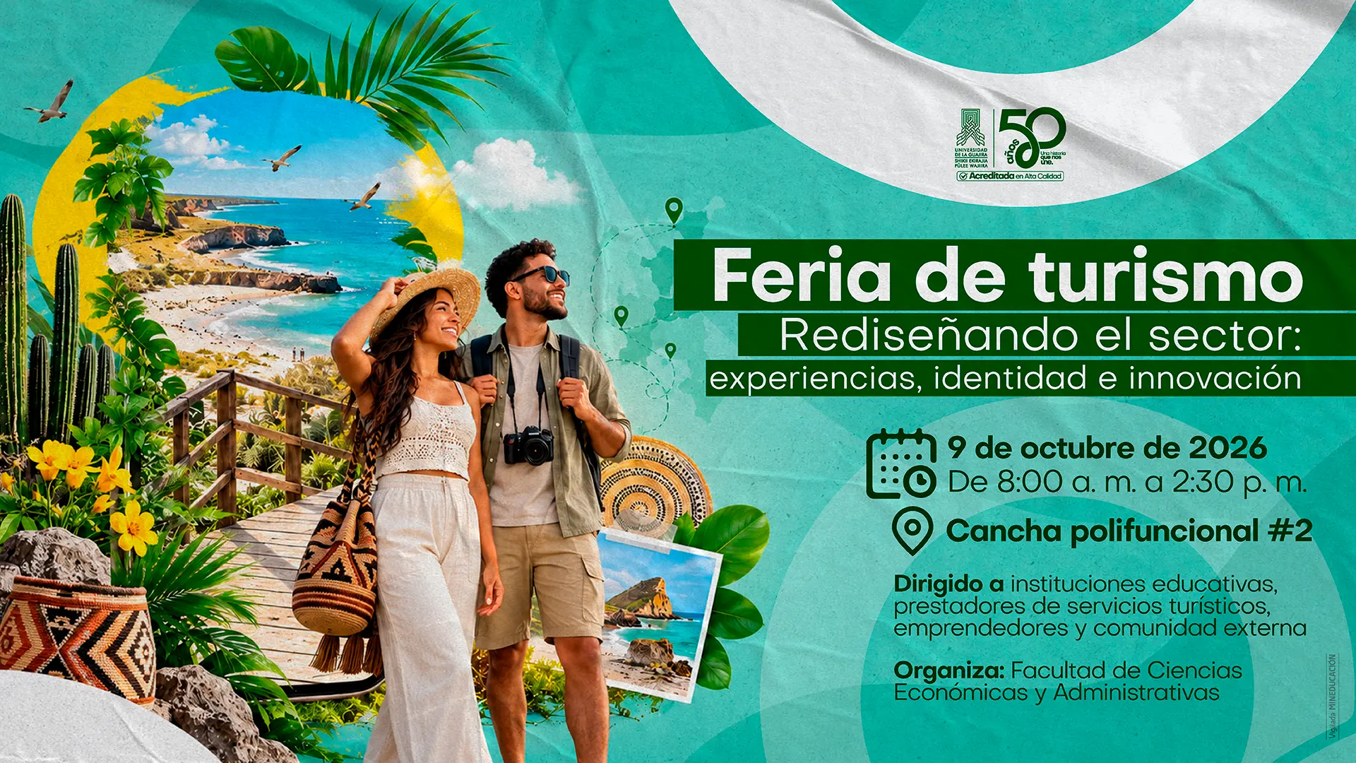 Afiche de la Feria de Turismo: Rediseñando el sector, a realizarse el 9 de octubre de 2026 de 8:00 a. m. a 2:30 p. m. en la cancha polifuncional #2