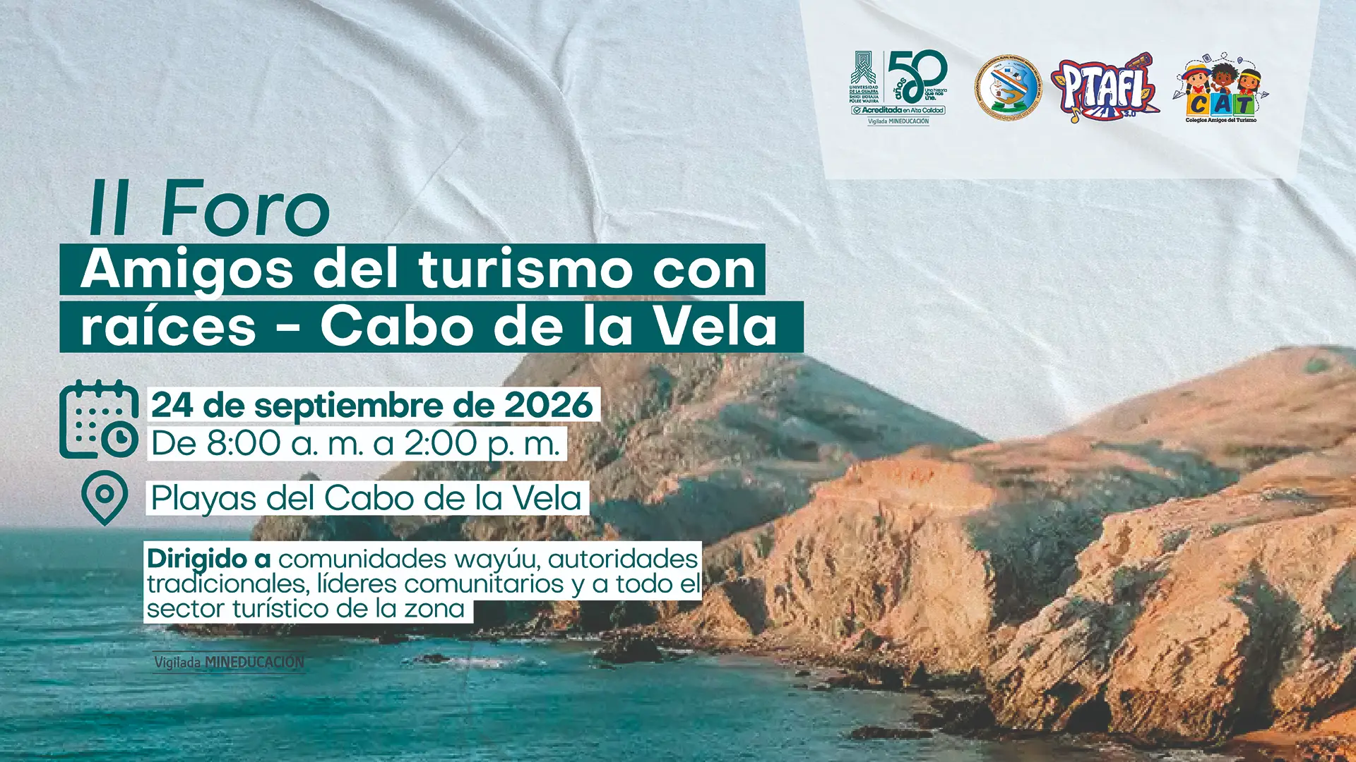 Afiche del II Foro Amigos del turismo con raíces en Cabo de la Vela, el 24 de septiembre de 2026.