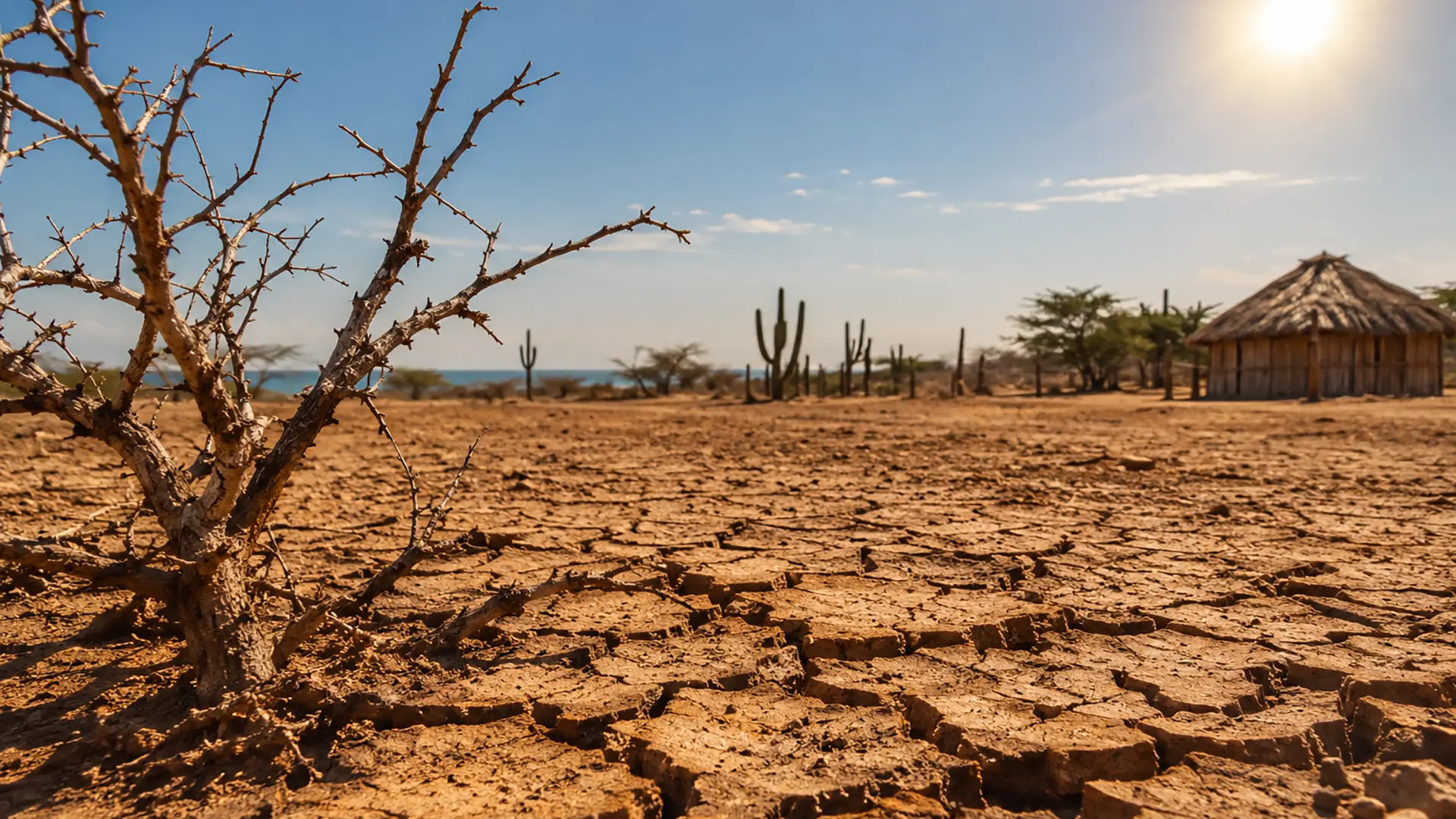 Una vista de primer plano de suelo desértico marrón y agrietado por la sequía, con un arbusto espinoso y sin hojas a la izquierda. A lo lejos, se ven cactus columnares y otros árboles resistentes al clima seco, con una choza tradicional de paja a la derecha bajo un cielo azul claro con el sol brillante y alto.