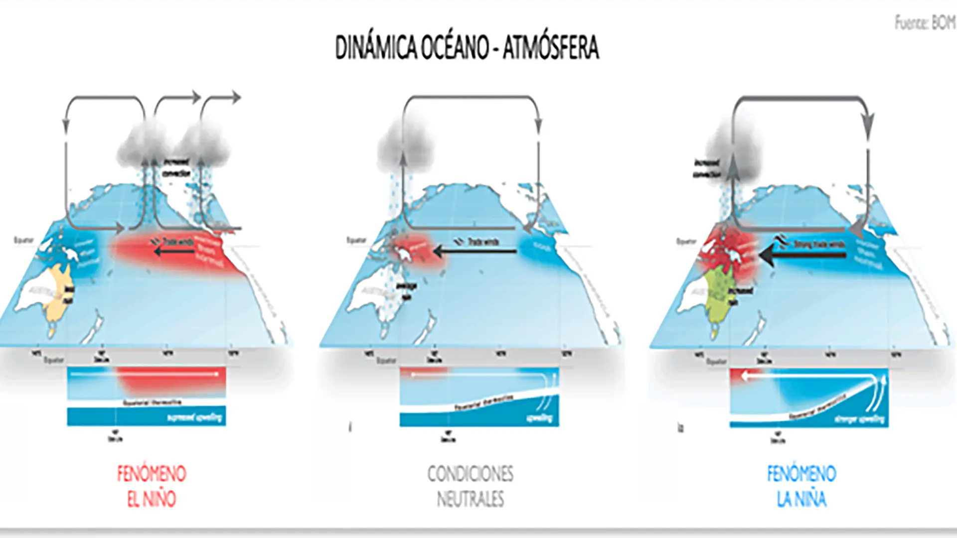 Diagrama explicativo de la dinámica océano-atmósfera en el Pacífico ecuatorial que compara las fases del evento ENOS: El Niño, Condiciones Neutrales y La Niña.