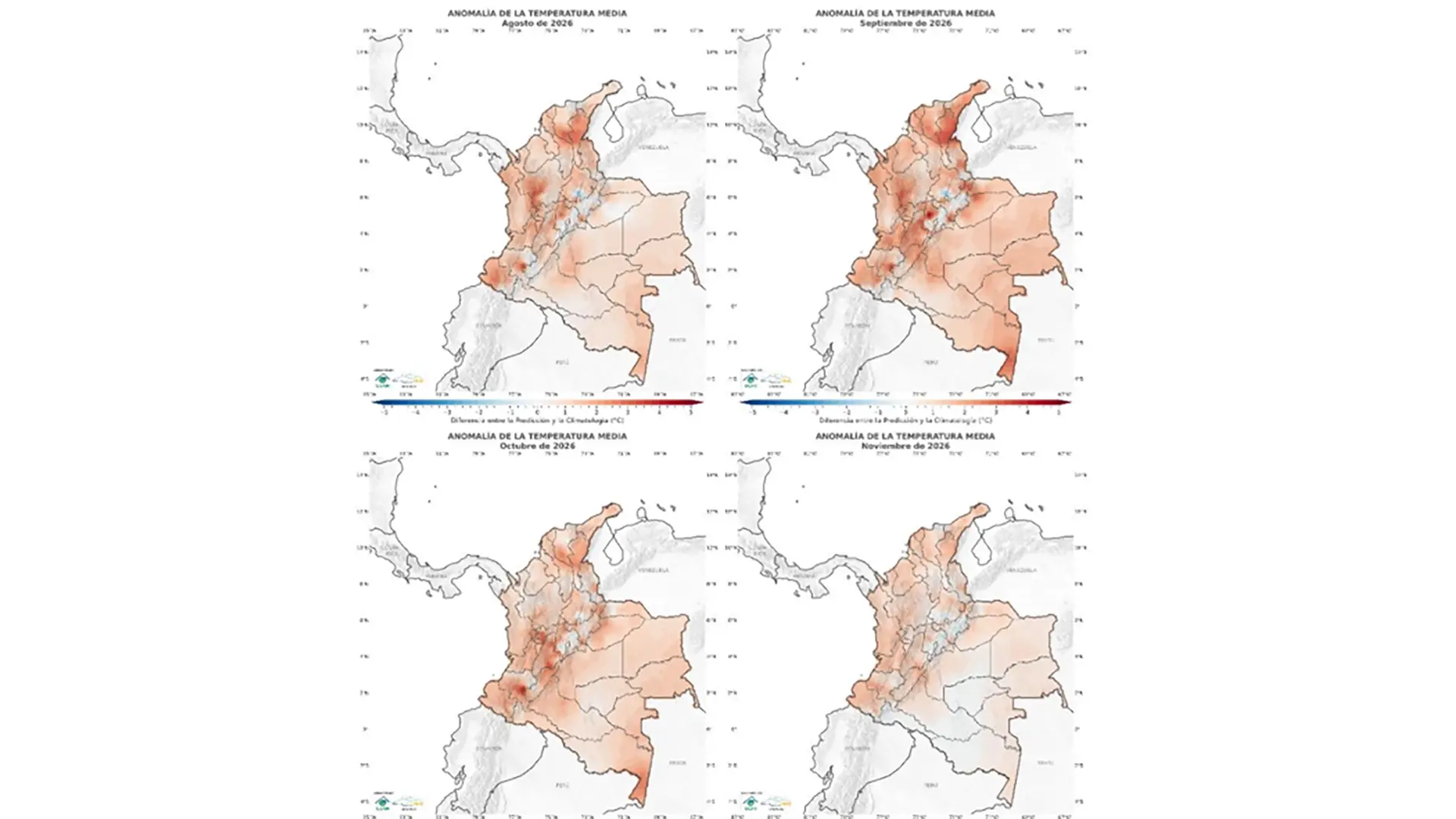Imagen compuesta de cuatro mapas de Colombia que muestran las proyecciones de la anomalía de la temperatura media para los meses de agosto, septiembre, octubre y noviembre de 2026. Una escala de colores debajo de cada mapa indica la diferencia de temperatura en grados Celsius (°C) entre la predicción y la climatología histórica, con tonos rojos para temperaturas más cálidas de lo normal y azules para temperaturas más frías.