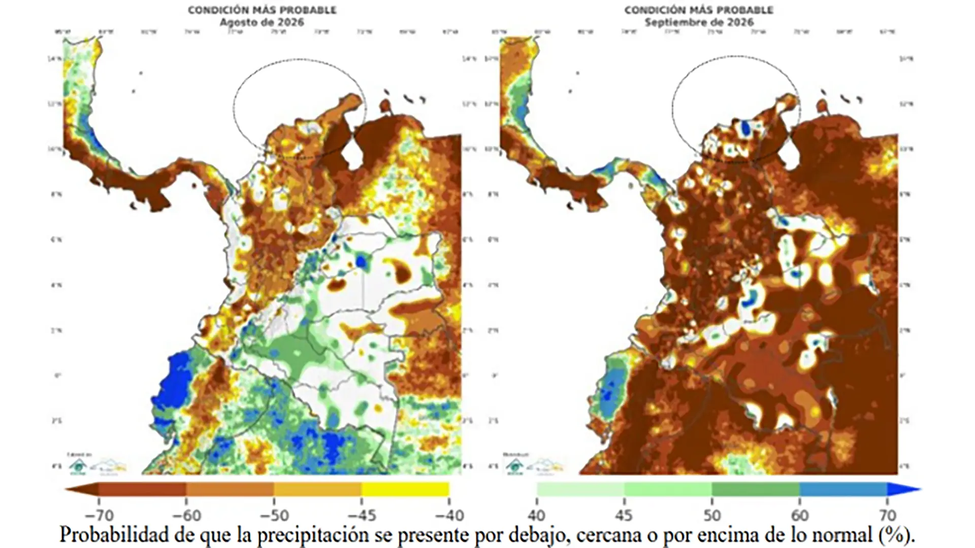 Dos mapas comparativos de Colombia que muestran el pronóstico de la condición más probable de precipitación para agosto y septiembre de 2026, utilizando una escala de colores para indicar probabilidades de lluvias por debajo, cerca o por encima de lo normal.