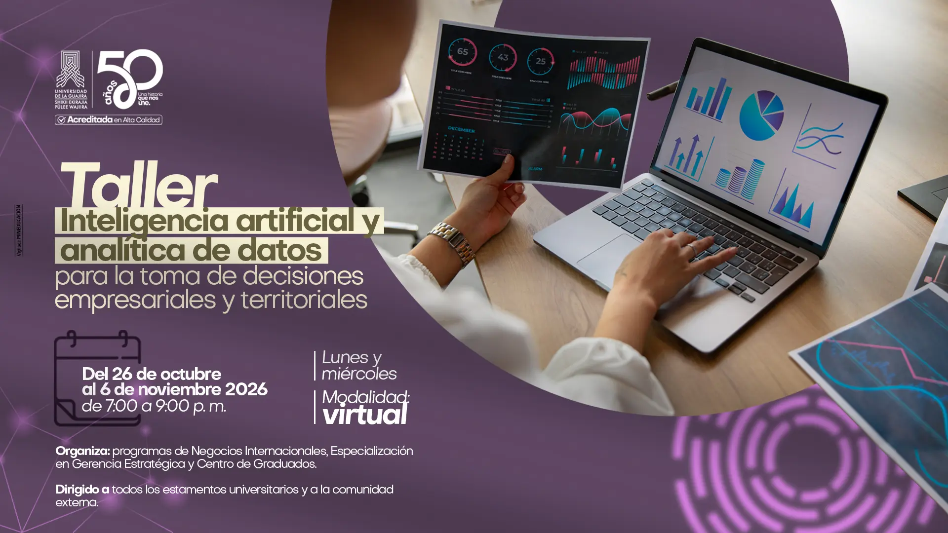 Afiche del taller "Inteligencia artificial y analítica de datos para la toma de decisiones empresariales y territoriales" de la Universidad de la Guajira, del 26 de octubre al 6 de noviembre de 2026, en modalidad virtual.