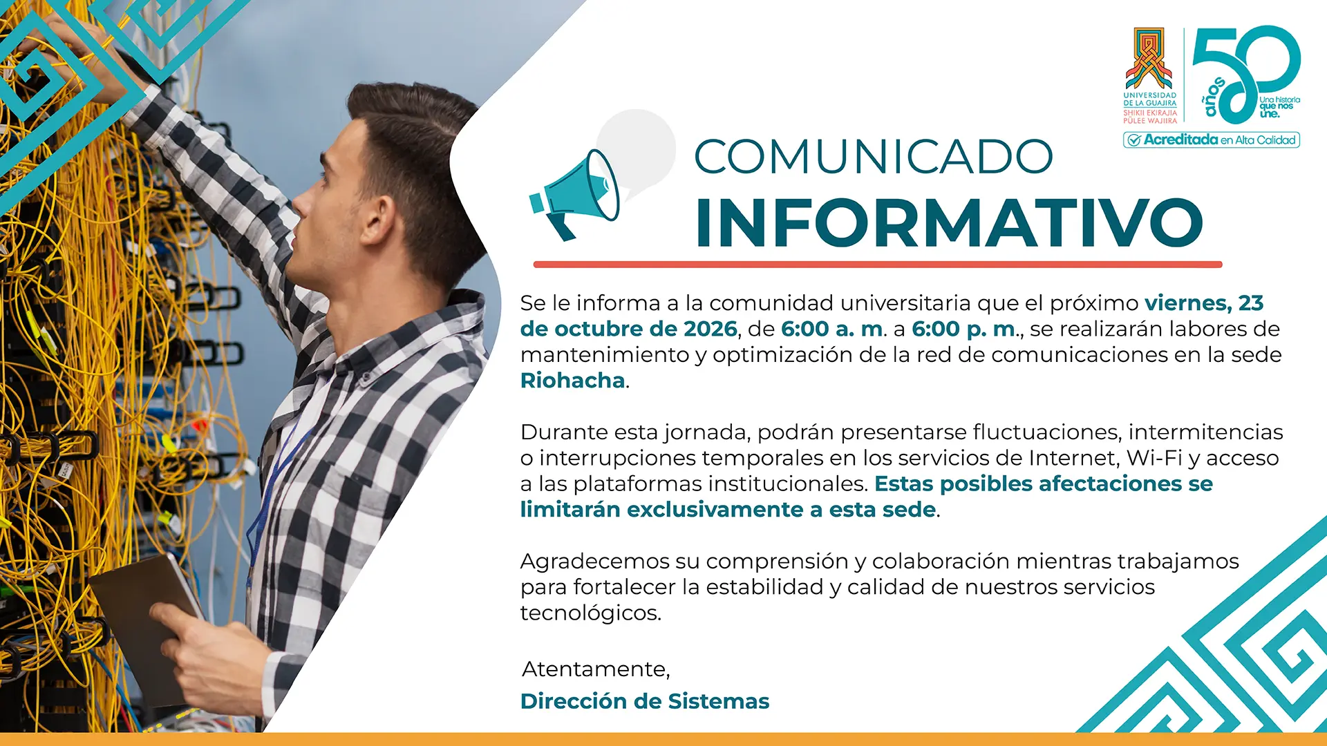 Comunicado informativo de la Universidad de la Guajira sobre labores de mantenimiento de red en la sede Riohacha el viernes 23 de octubre de 2026.