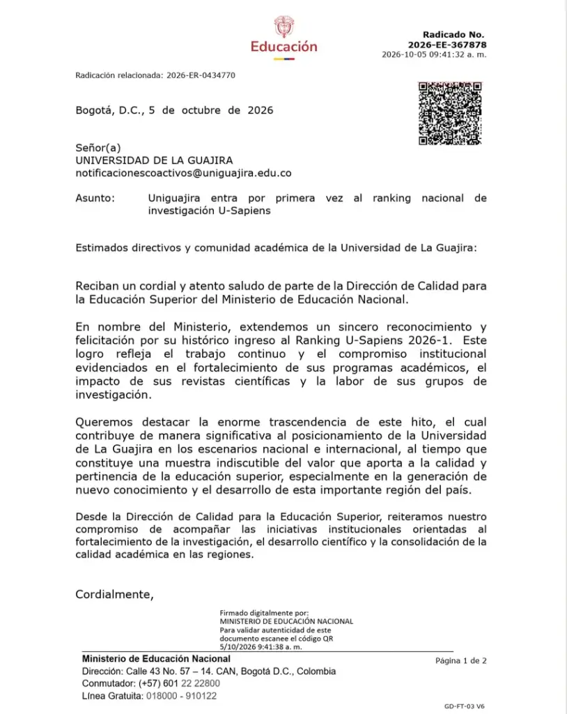 Carta oficial del Ministerio de Educación Nacional dirigida a la Universidad de La Guajira, fechada el 5 de octubre de 2026, en la que reconoce y felicita a la institución por su ingreso al ranking nacional de investigación U-Sapiens 2026-1.