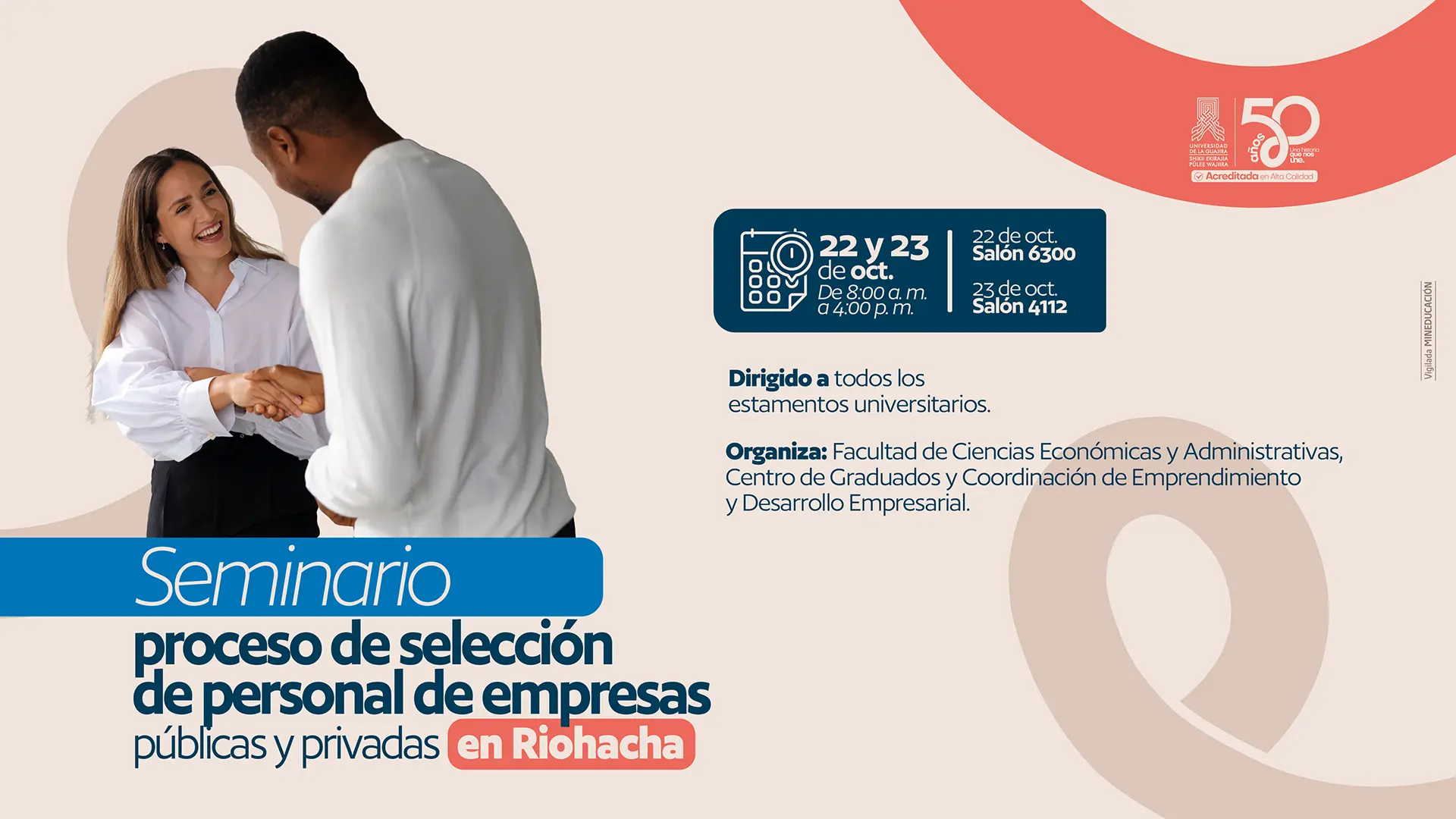 Afiche del Seminario proceso de selección de personal de empresas públicas y privadas en Riohacha, 22 y 23 de octubre.